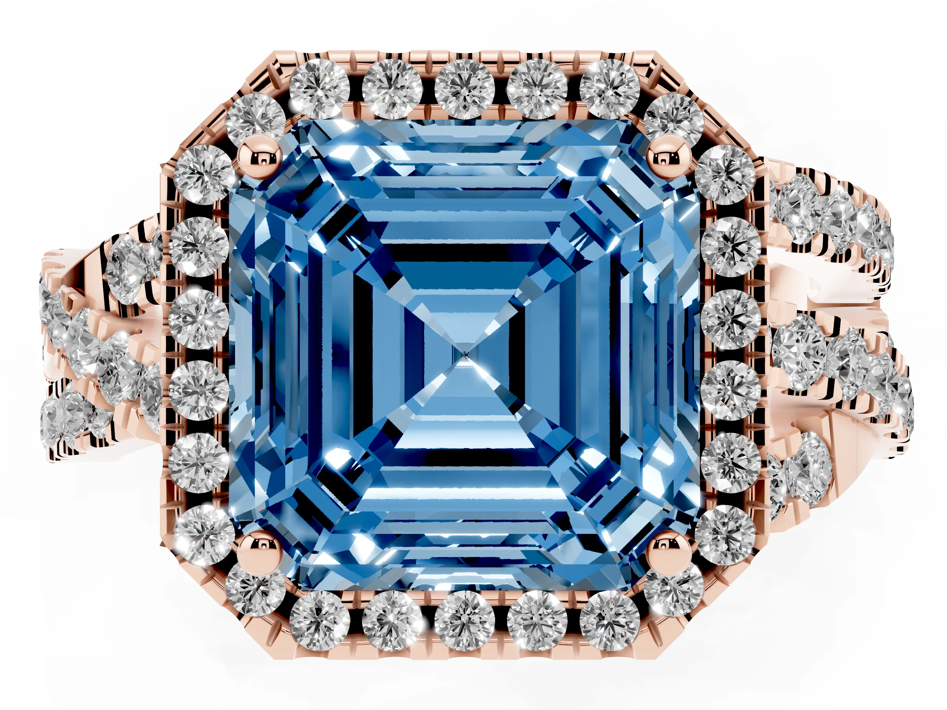 Fancy Blue Asscher Cut Diamond Halo Ring Set in Rose gold with Round Crossover Split Shank and Prong Setting