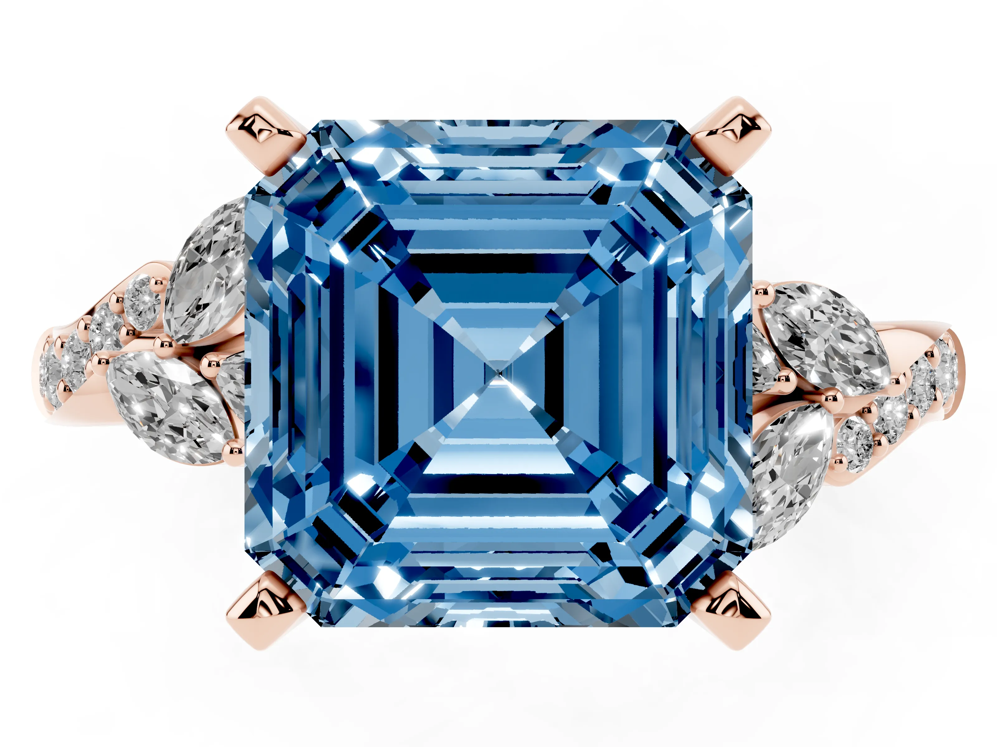 Fancy Blue Asscher Cut Diamond Solitaire Ring Set in Rose gold with Marquise Twist Band and Prong Setting