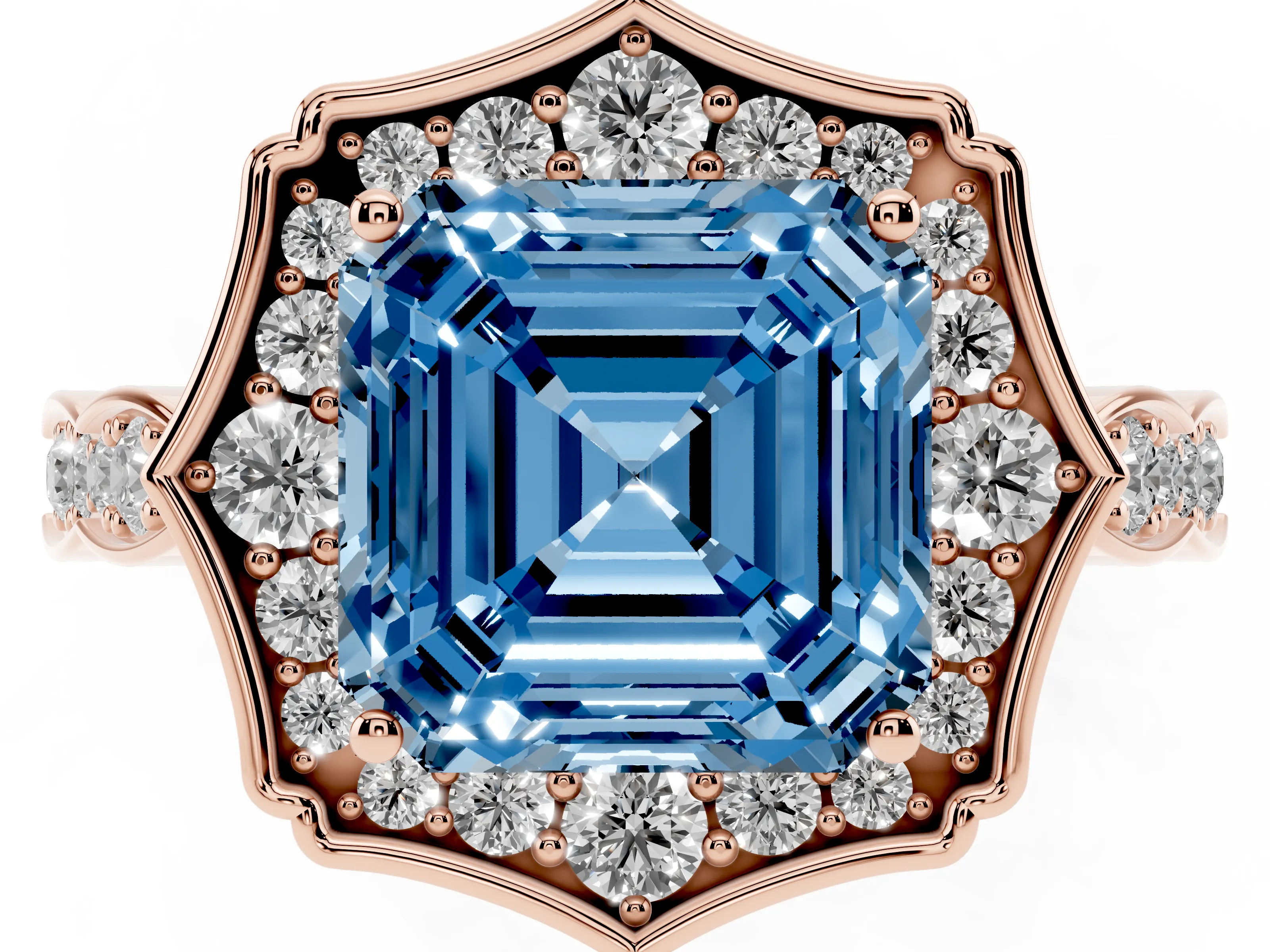 Fancy Blue Asscher Cut Diamond Halo Engagement Ring Set in Rose gold with Milgrain Band and Prong Setting