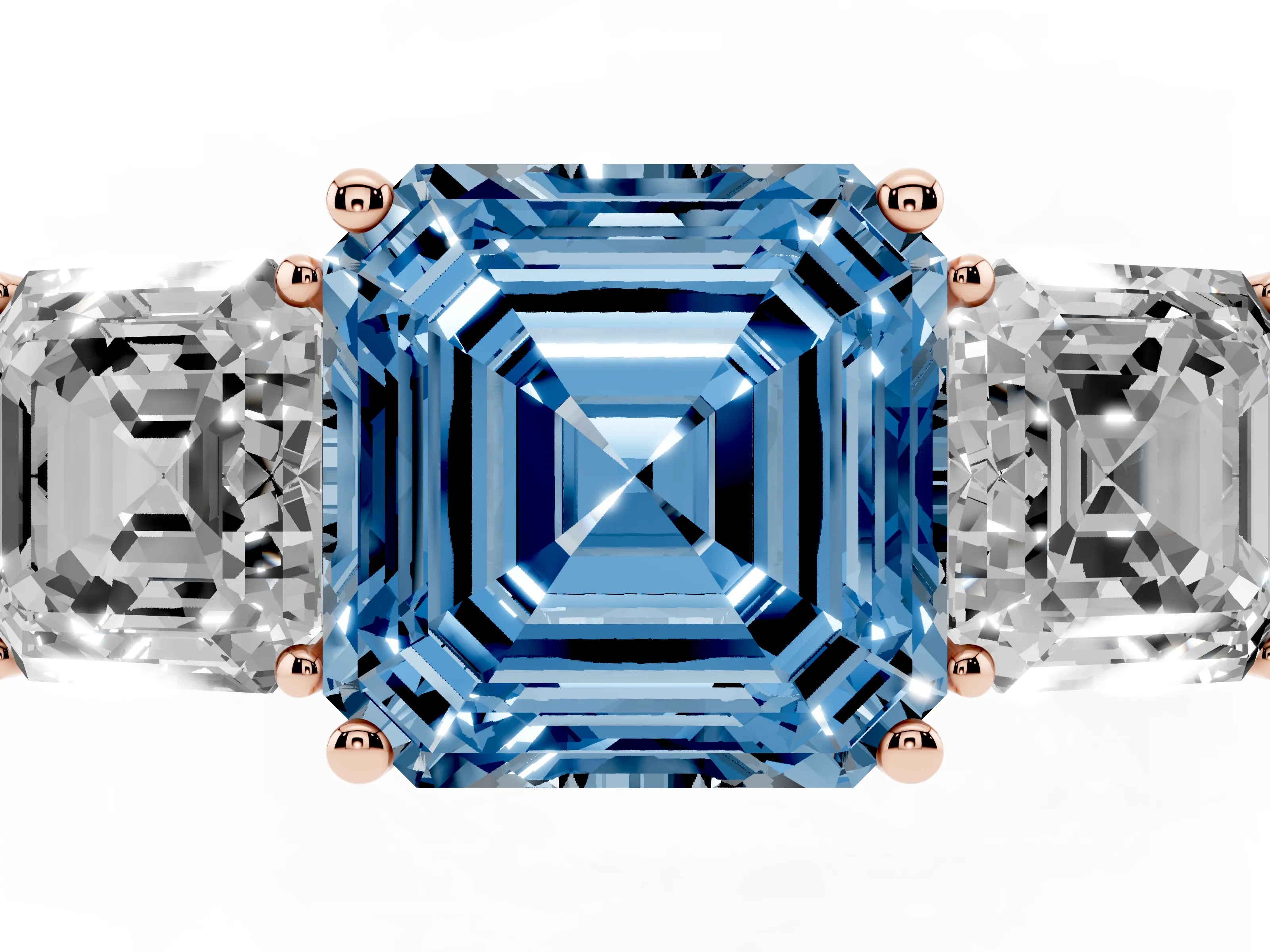 Fancy Blue Asscher Cut Diamond Three-Stone Engagement Ring Set in Rose gold with Flat Band