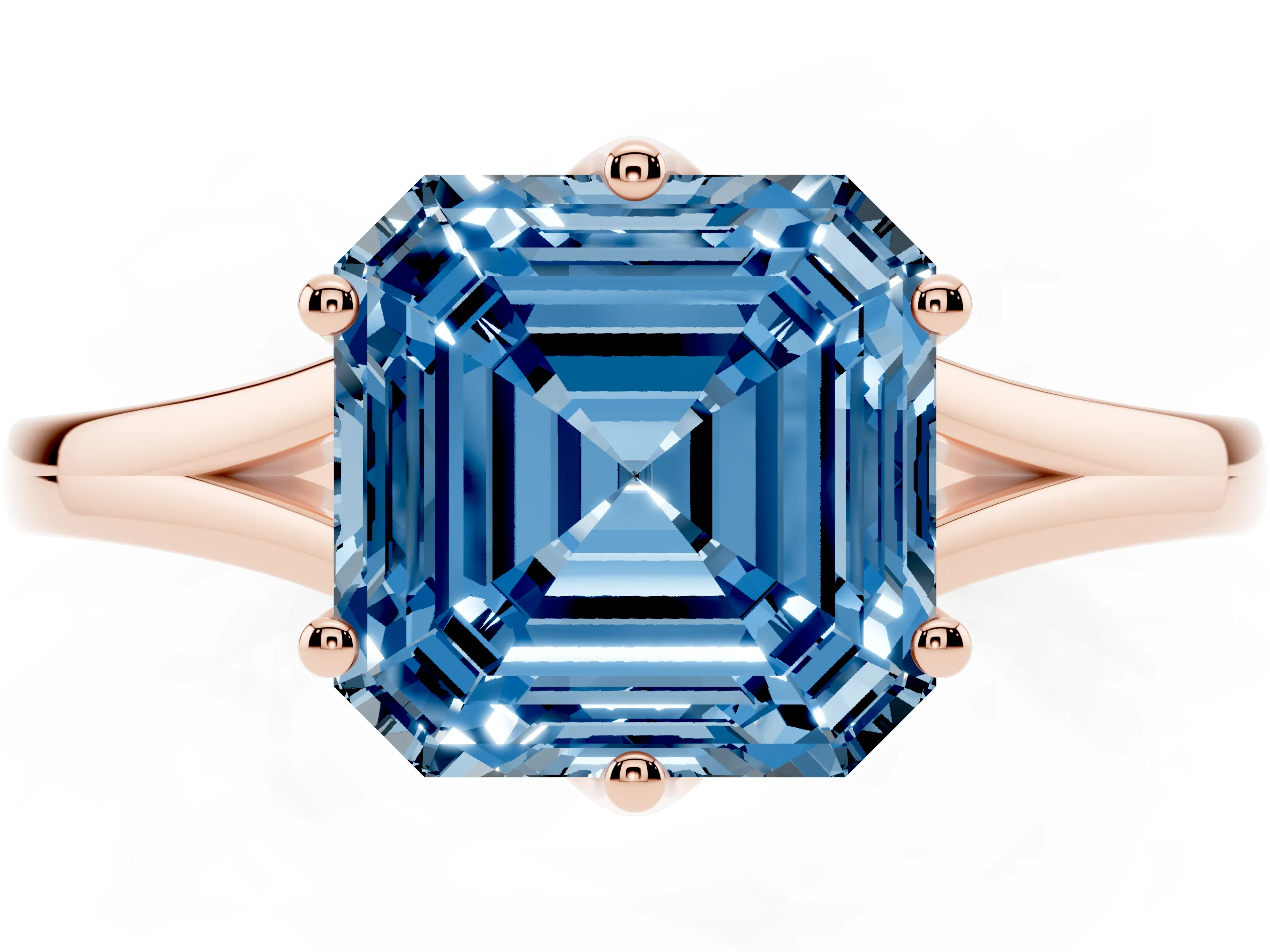 Fancy Blue Asscher Cut Diamond Solitaire Ring Set in Rose gold with Polished Tapered Band and Prong Setting