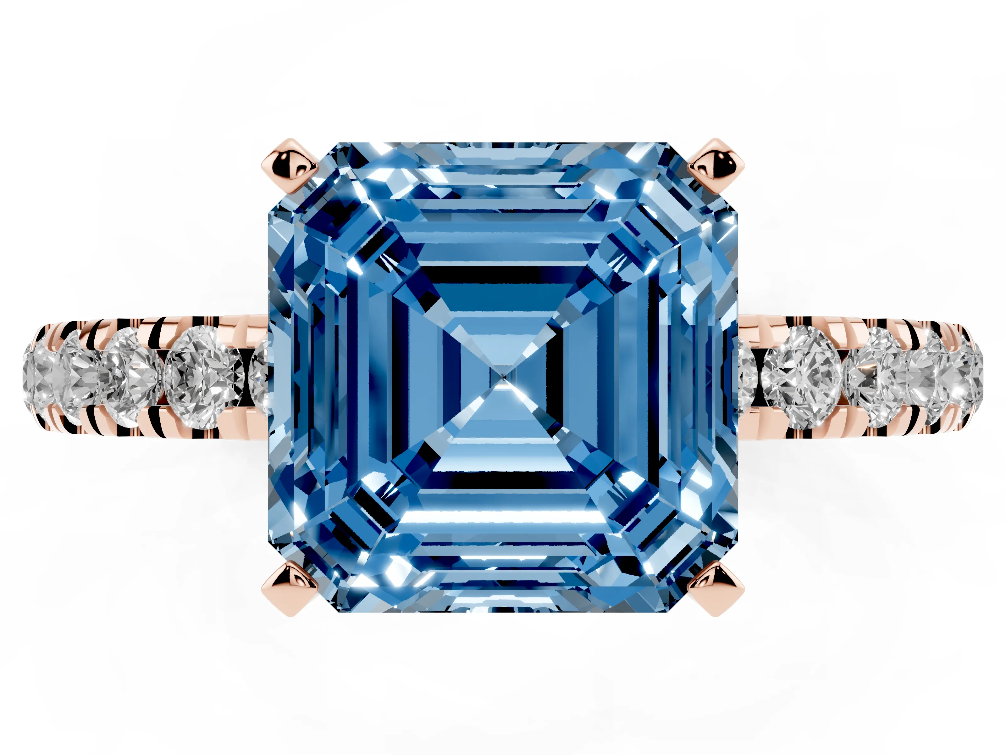 Fancy Blue Asscher Cut Diamond Solitaire Ring Set in Rose gold with Pavé Accents and Prong Setting