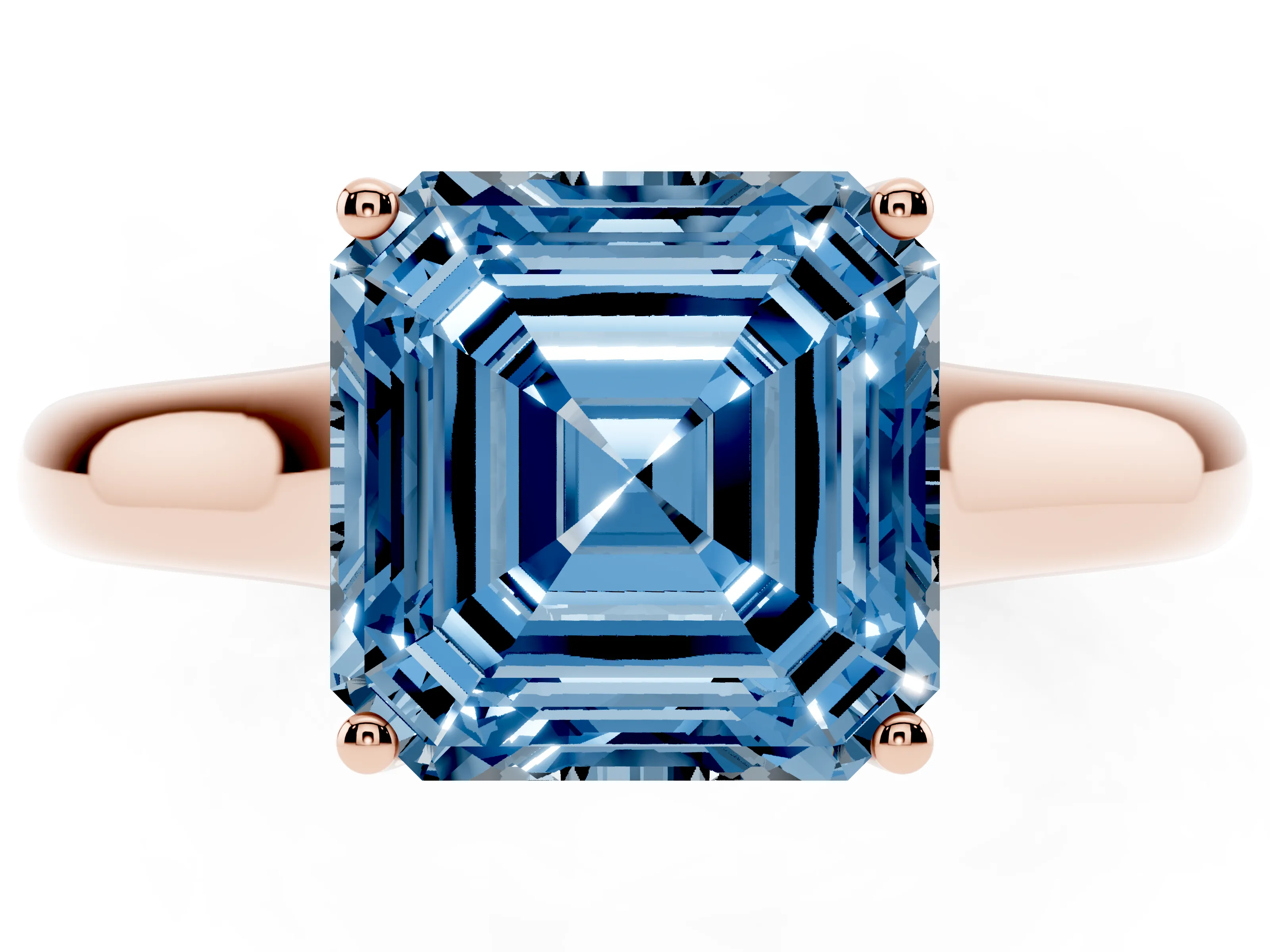 Fancy Blue Asscher Cut Diamond Solitaire Engagement Ring Set in Rose gold with Subtly Tapered Band and Prong Setting