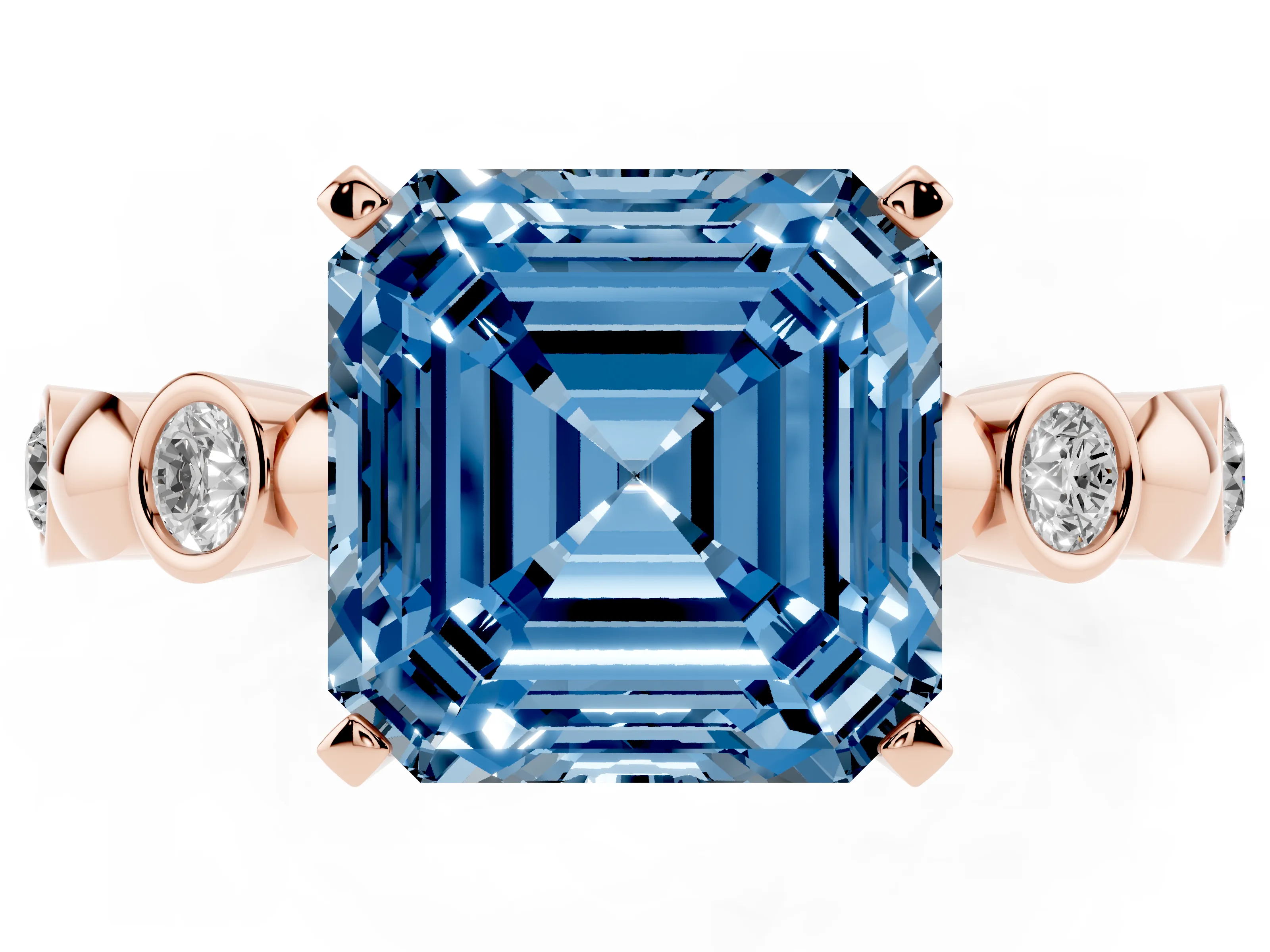 Fancy Blue Asscher Cut Diamond Solitaire Ring Set in Rose gold with Bezel-Set Accents on Beaded Band and Prong Setting
