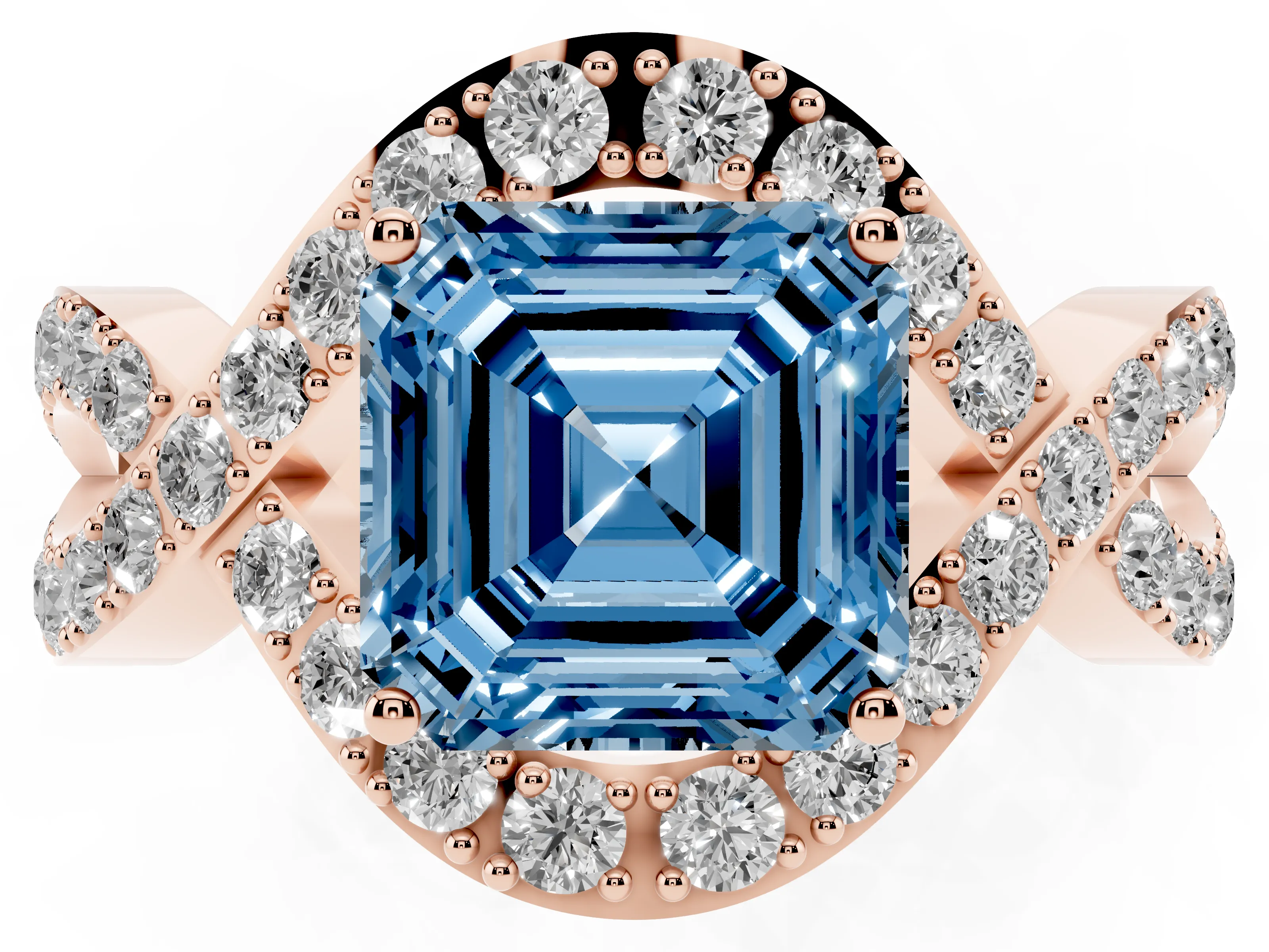 Fancy Blue Asscher Cut Diamond Solitaire Twist Band Pavé Engagement Ring Set in Rose gold