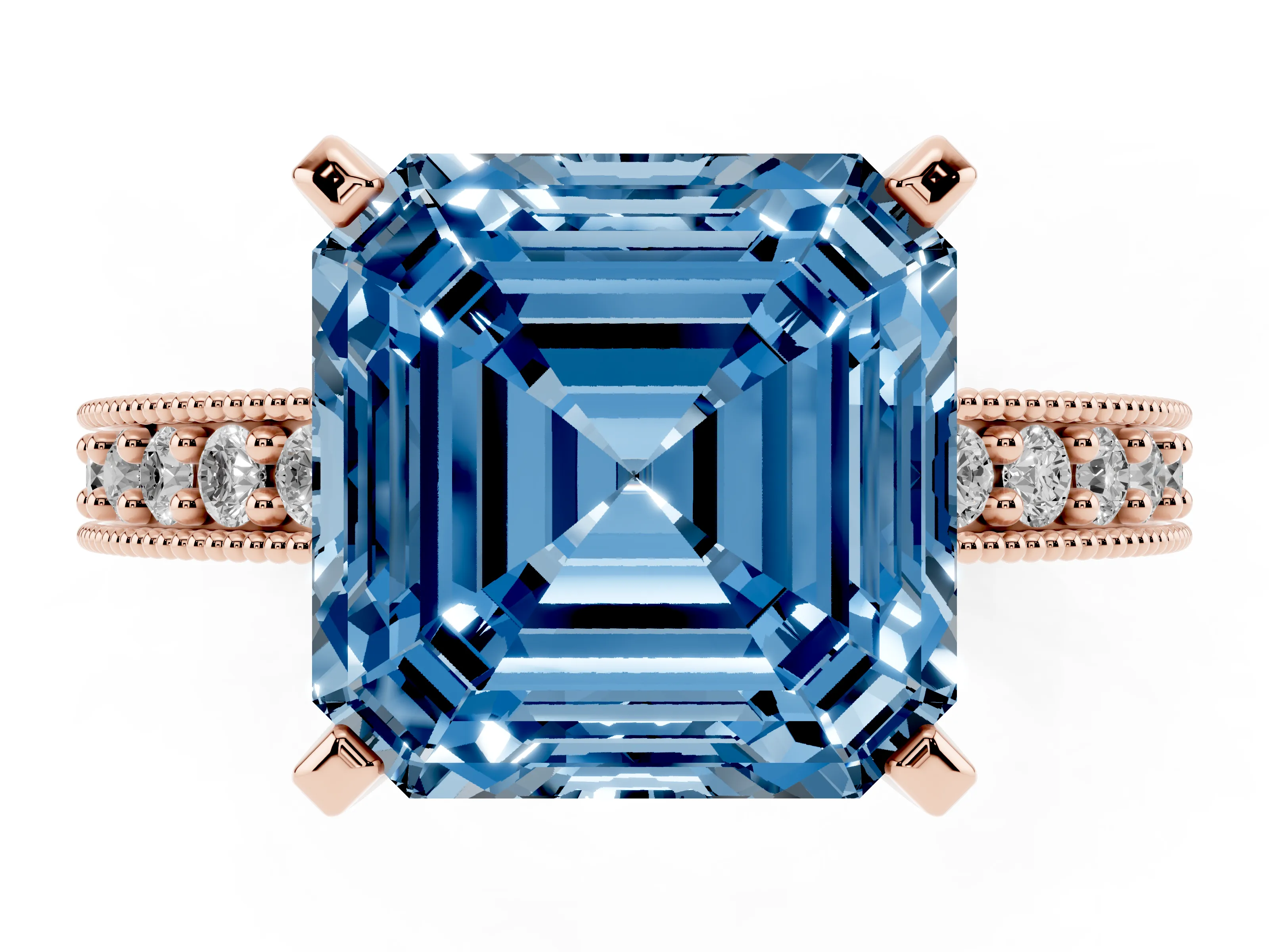 Fancy Blue Asscher Cut Diamond Milgrain Pavé Engagement Ring Set in Rose gold with Prong Setting