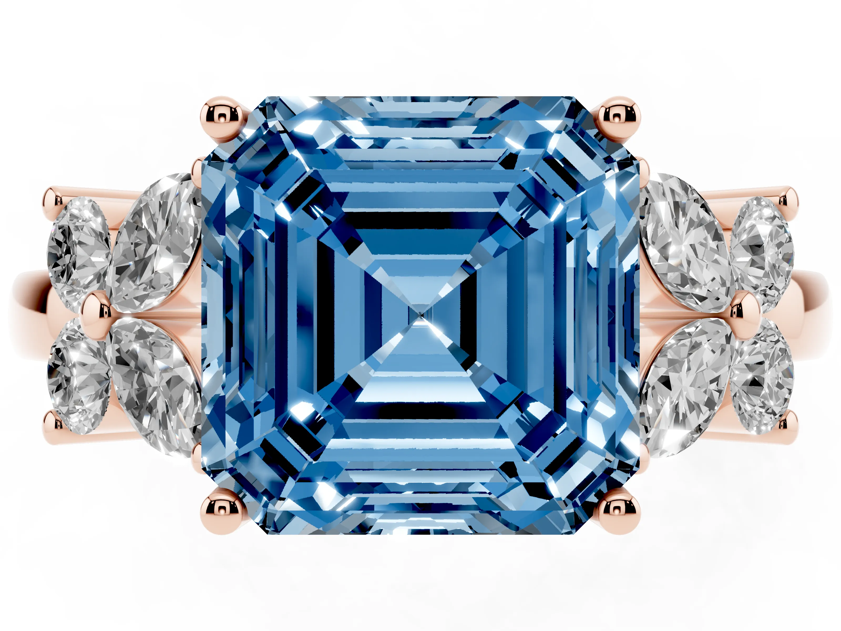 Fancy Blue Asscher Cut Diamond Floral Cluster Ring Set in Rose gold with Marquise Petals and Prong Setting