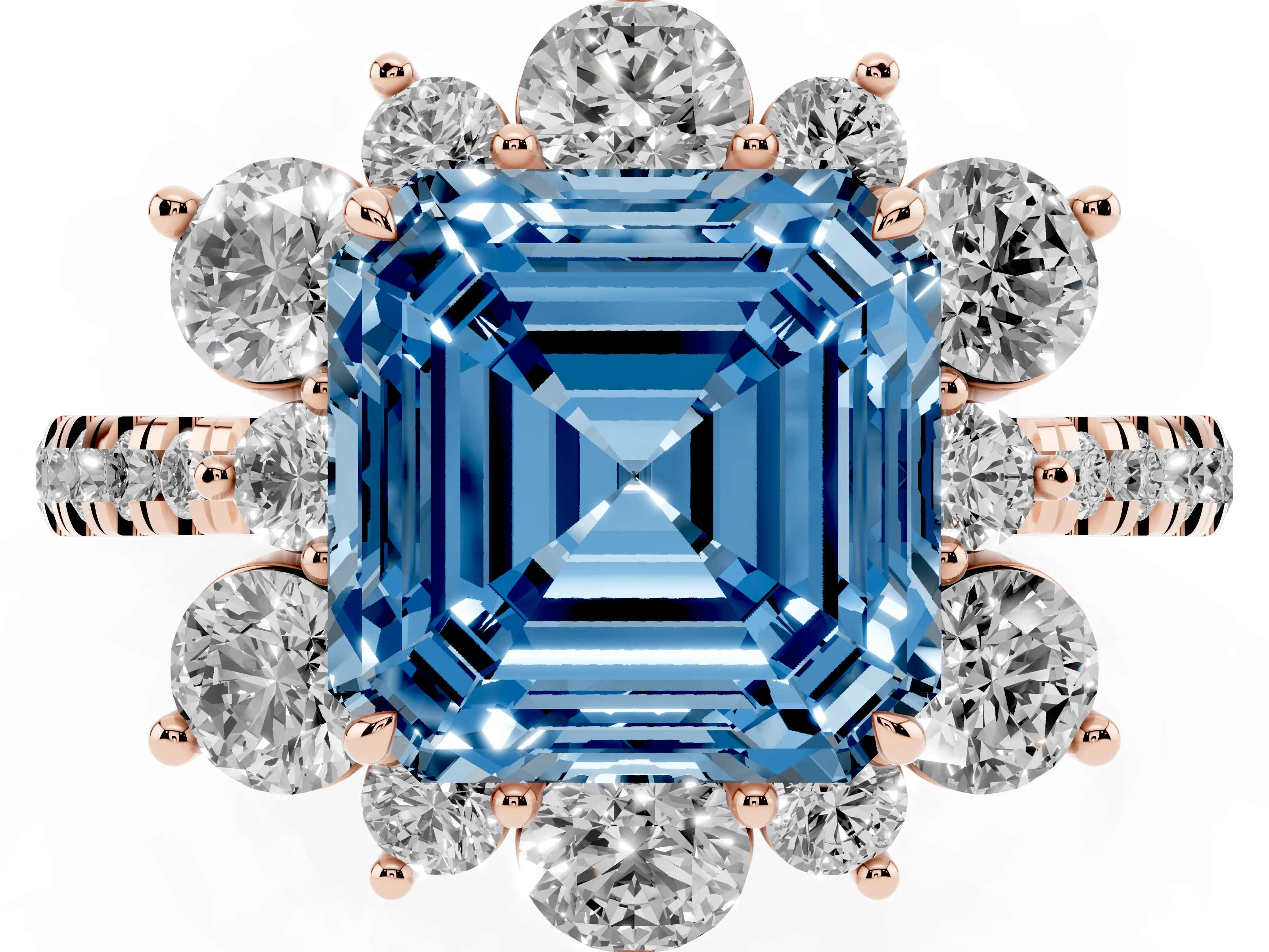 Fancy Blue Asscher Cut Diamond Floral Halo Ring Set in Rose gold with Round Pavé Band and Prong Setting