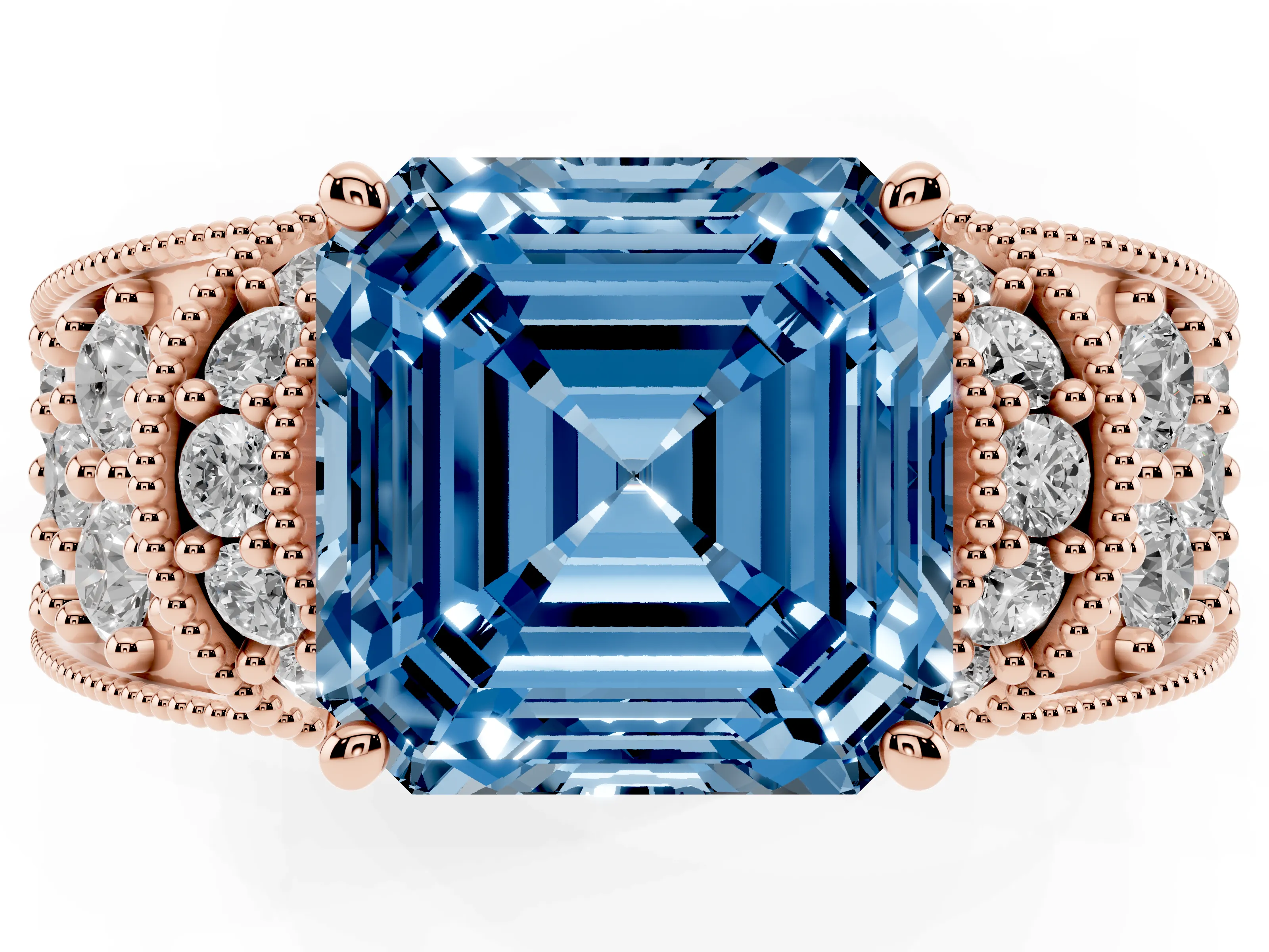Fancy Blue Asscher Cut Diamond Milgrain Halo Pavé Engagement Ring Set in Rose gold with Prong Setting