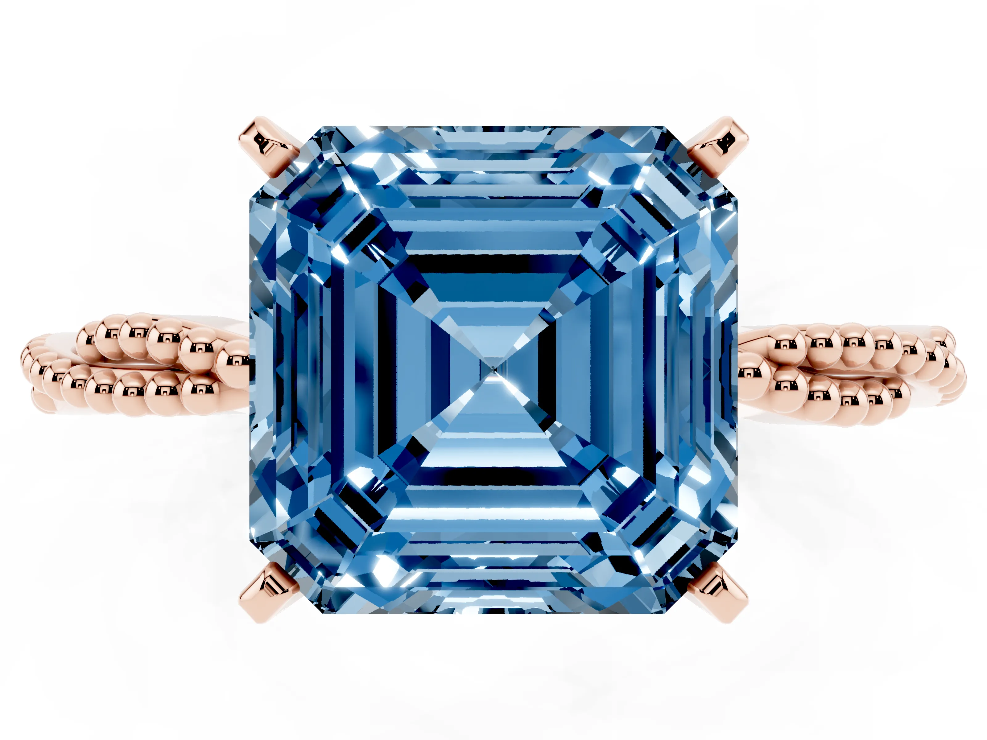 Fancy Blue Asscher Cut Diamond Solitaire Ring Set in Rose gold with Twisted Band and Bead Prong Setting