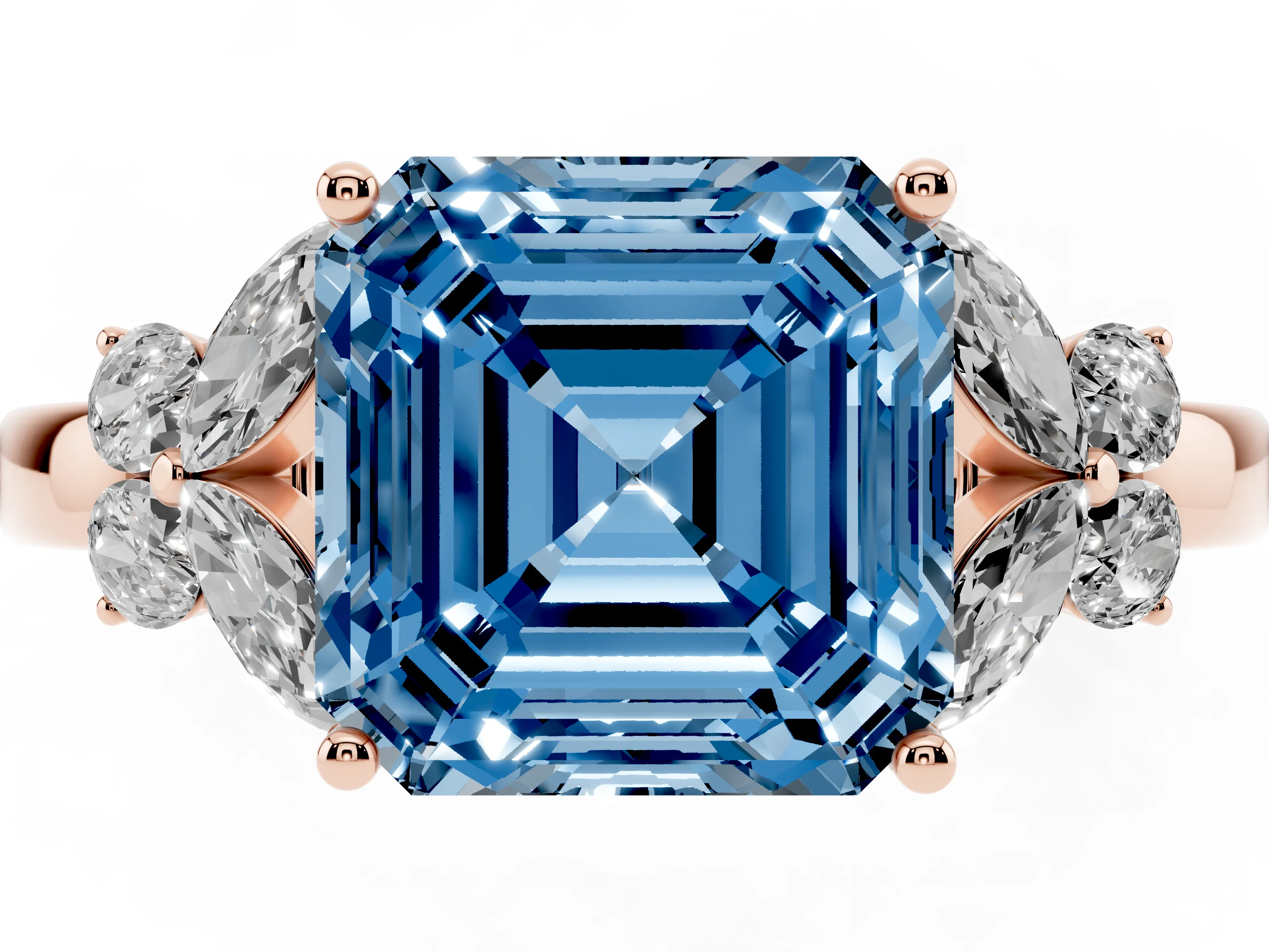 Fancy Blue Asscher Cut Diamond Solitaire Floral Ring Set in Rose gold with Marquise Petals and Prong Setting