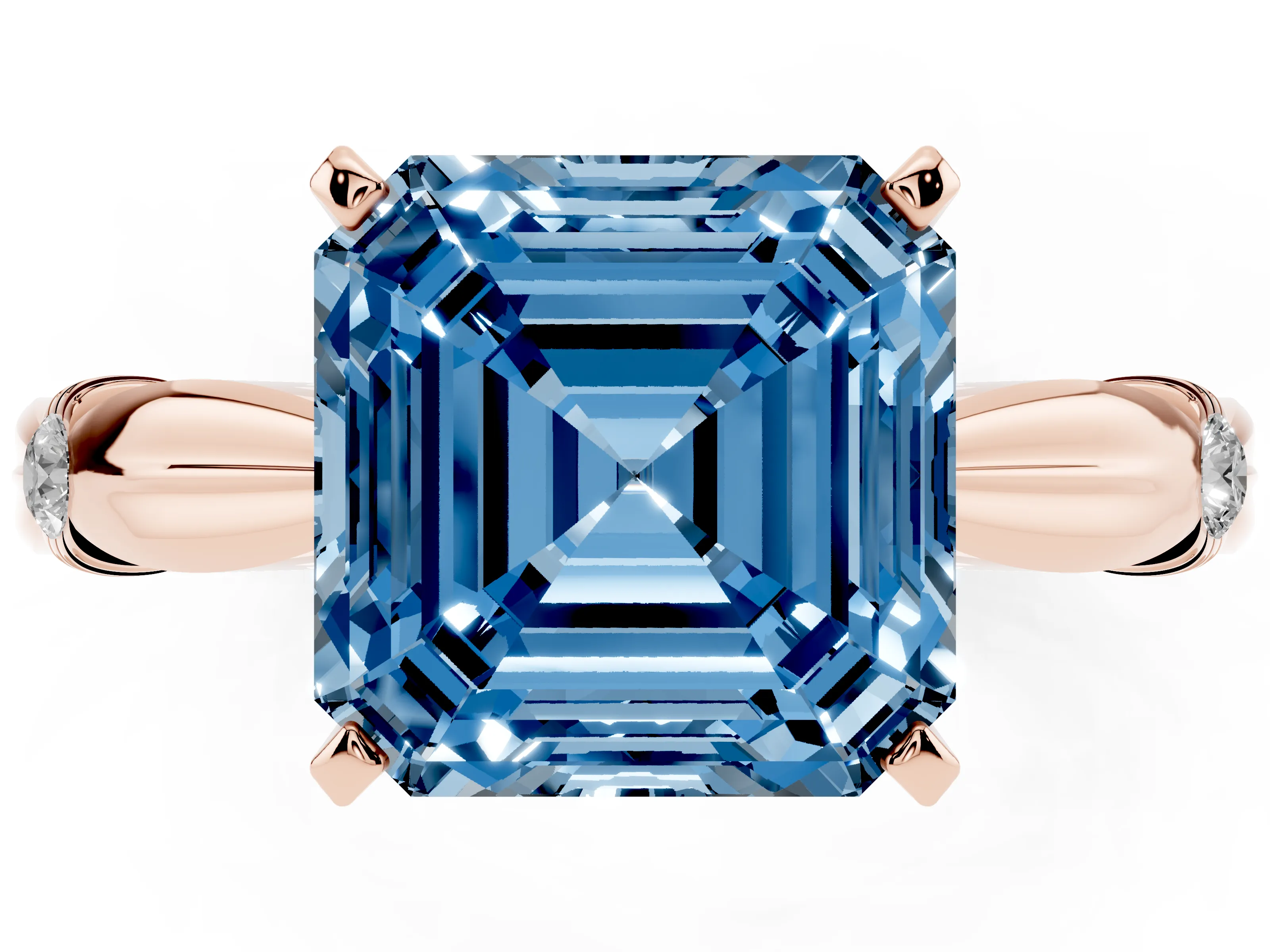 Fancy Blue Asscher Cut Diamond Solitaire Twisted Band Ring Set in Rose gold with Accent Stones and Prong Setting