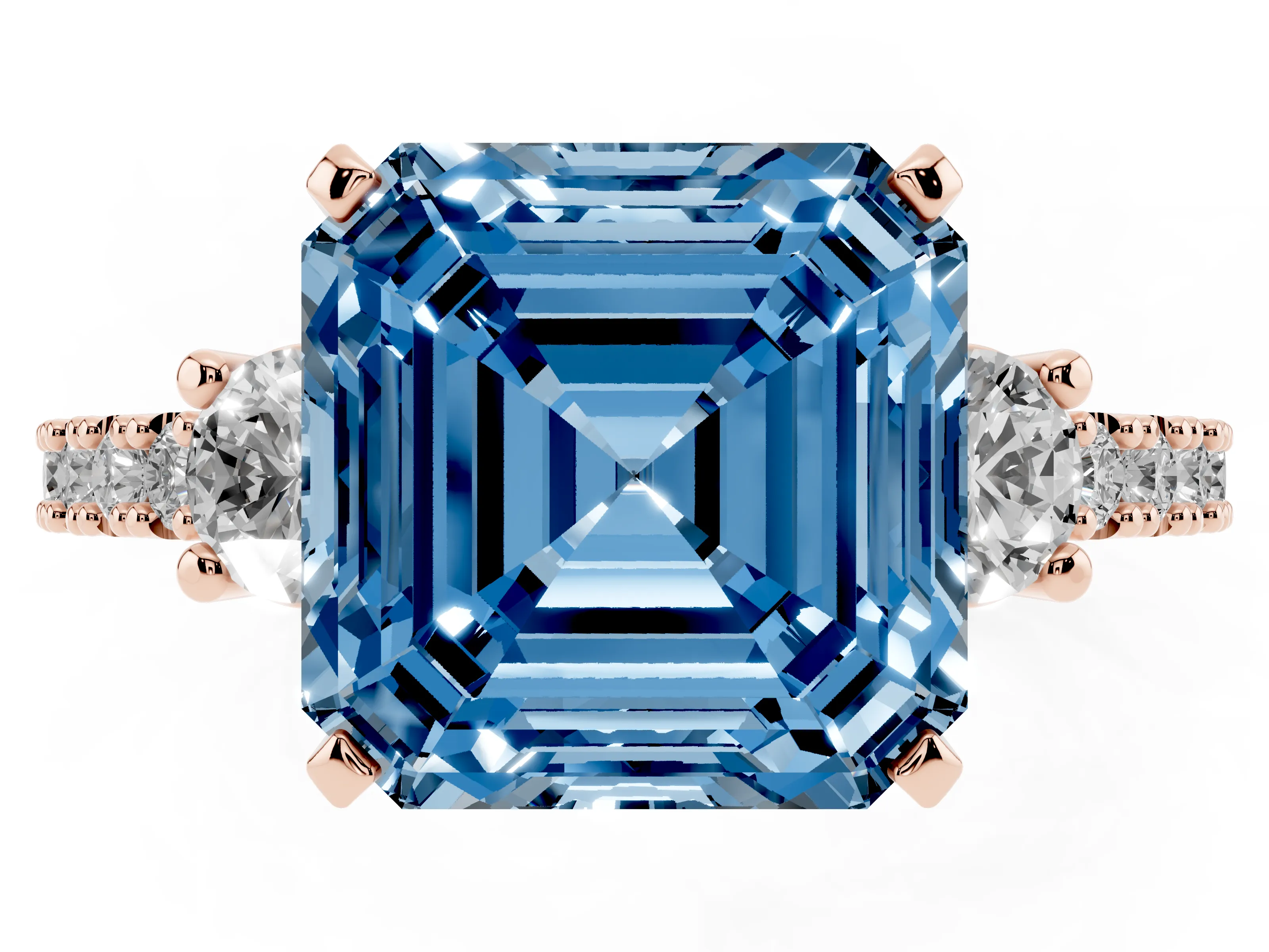Fancy Blue Three-Stone Asscher Cut Diamond Pavé Band Ring Set in Rose gold with Prong Setting