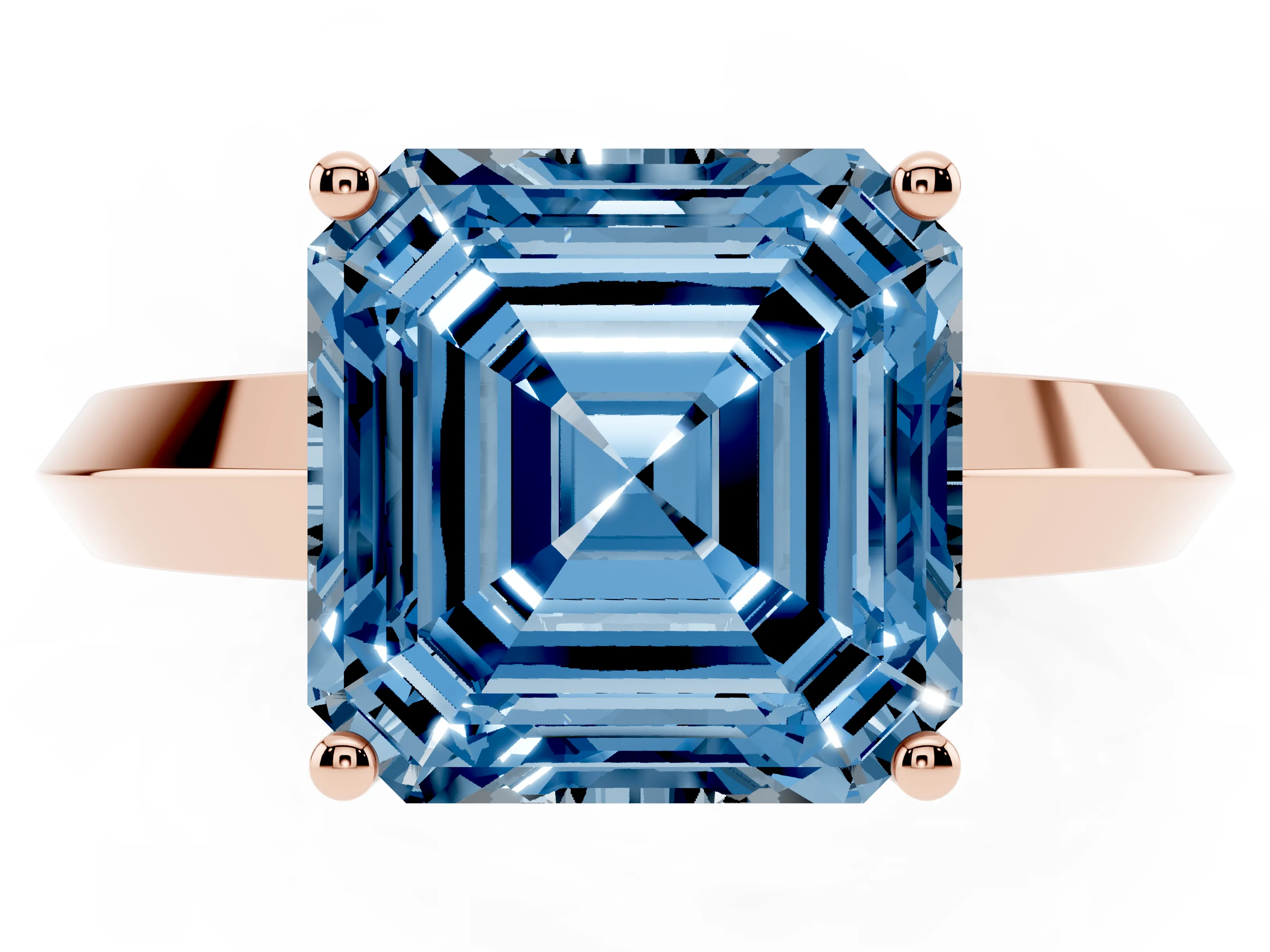 Fancy Blue Asscher Cut Diamond Solitaire Engagement Ring Set in Rose gold with Flat Band and Prong Setting