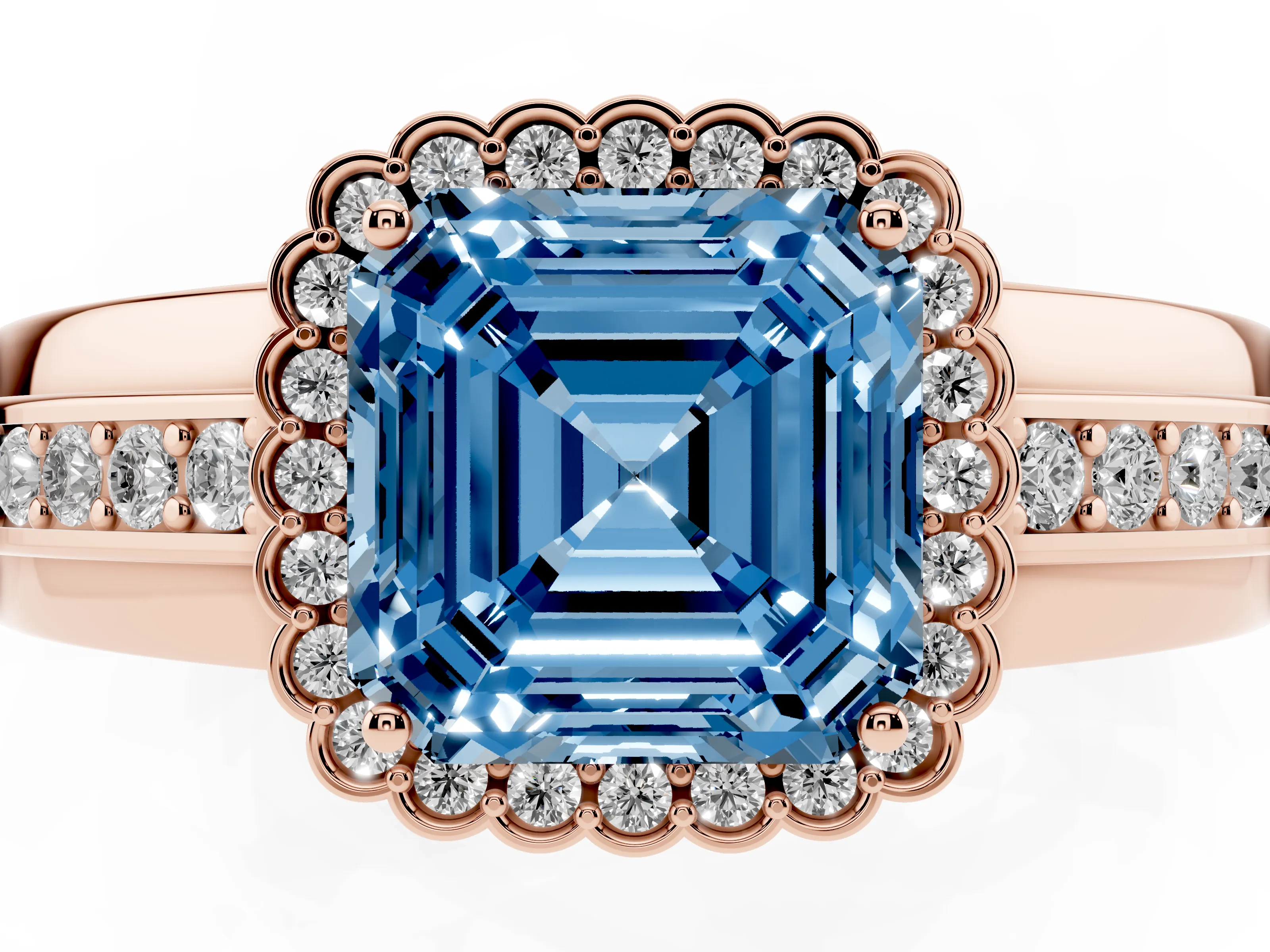 Fancy Blue Asscher Cut Diamond Halo Prong Ring Set in Rose gold with Pavé Band
