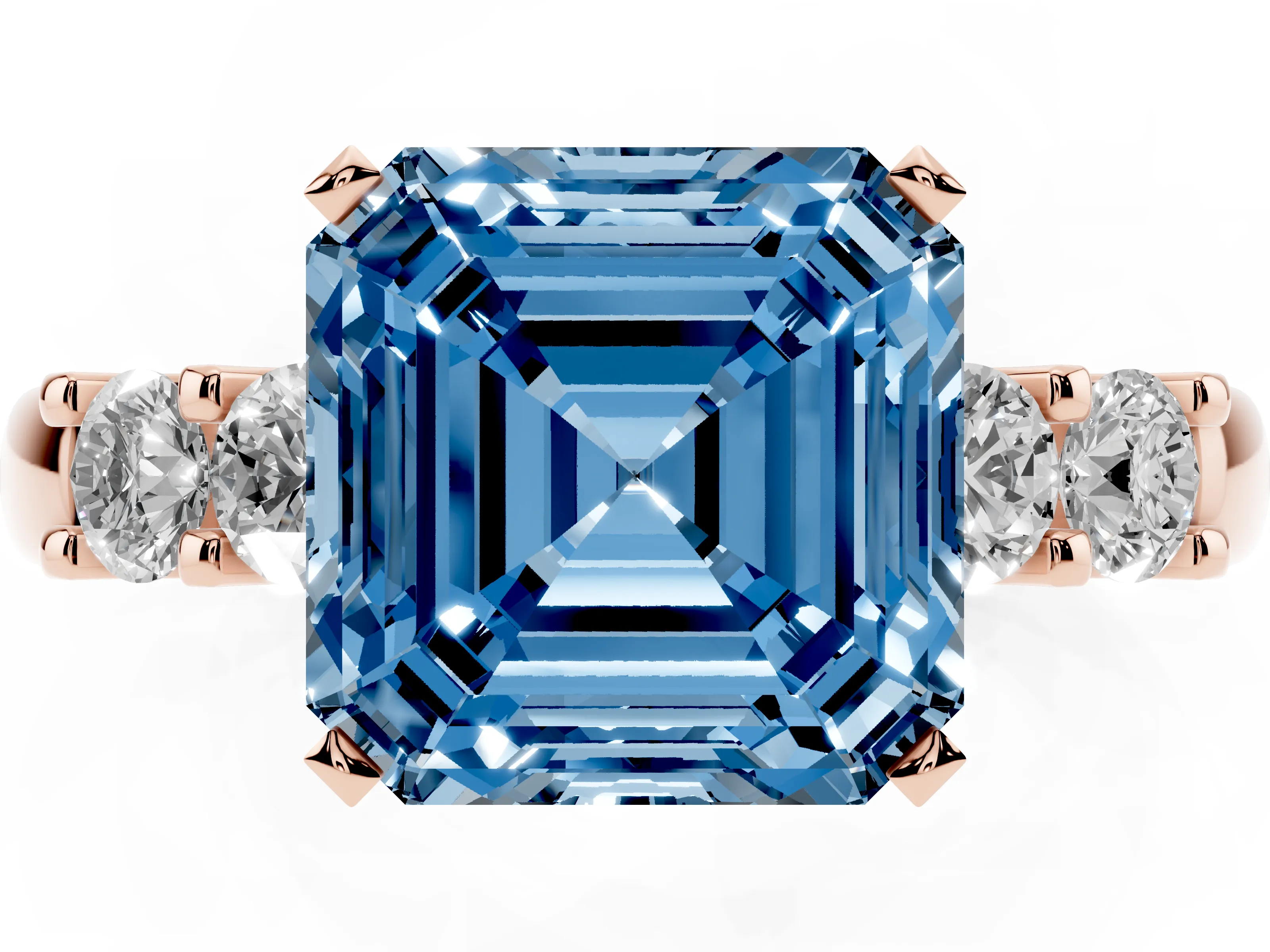 Fancy Blue Asscher Cut Diamond Five-Stone Prong Set Engagement Ring Set in Rose gold with Channel Band