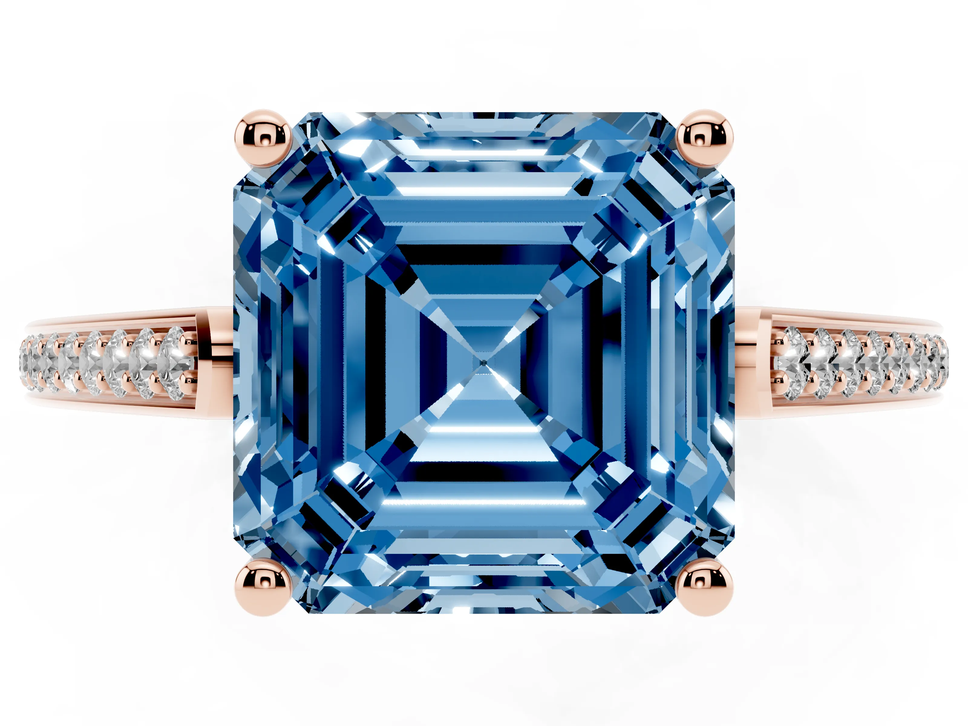 Fancy Blue Asscher Cut Diamond Cathedral Pavé Engagement Ring Set in Rose gold with Prong Setting