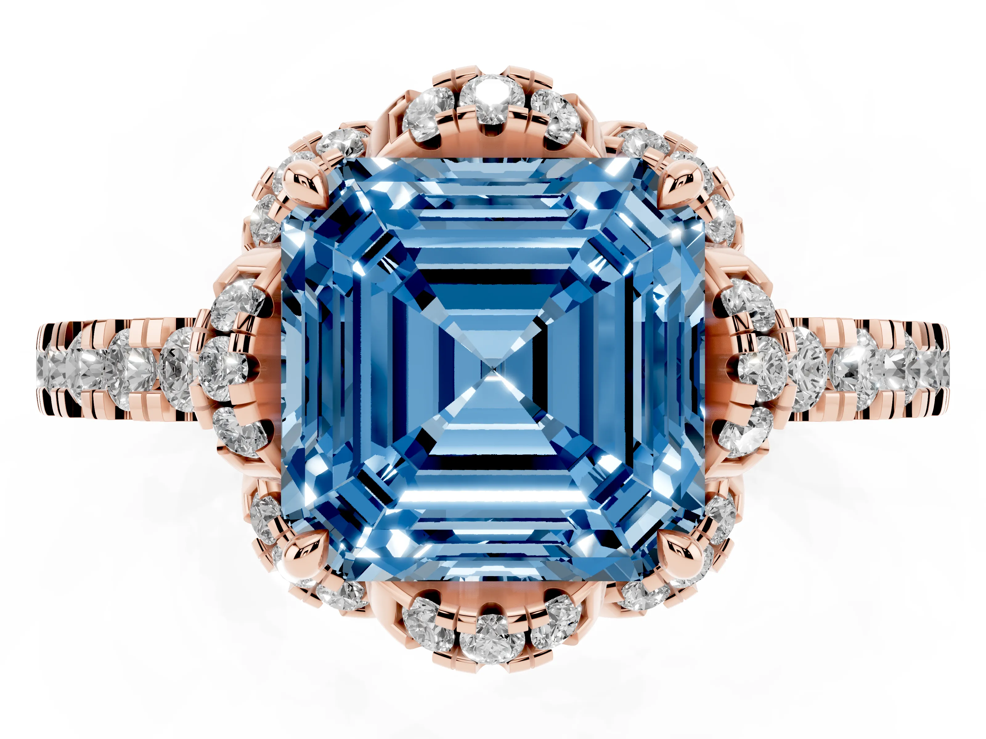 Fancy Blue Asscher Cut Diamond Halo Pavé Band Ring Set in Rose gold with Prong-Held Center