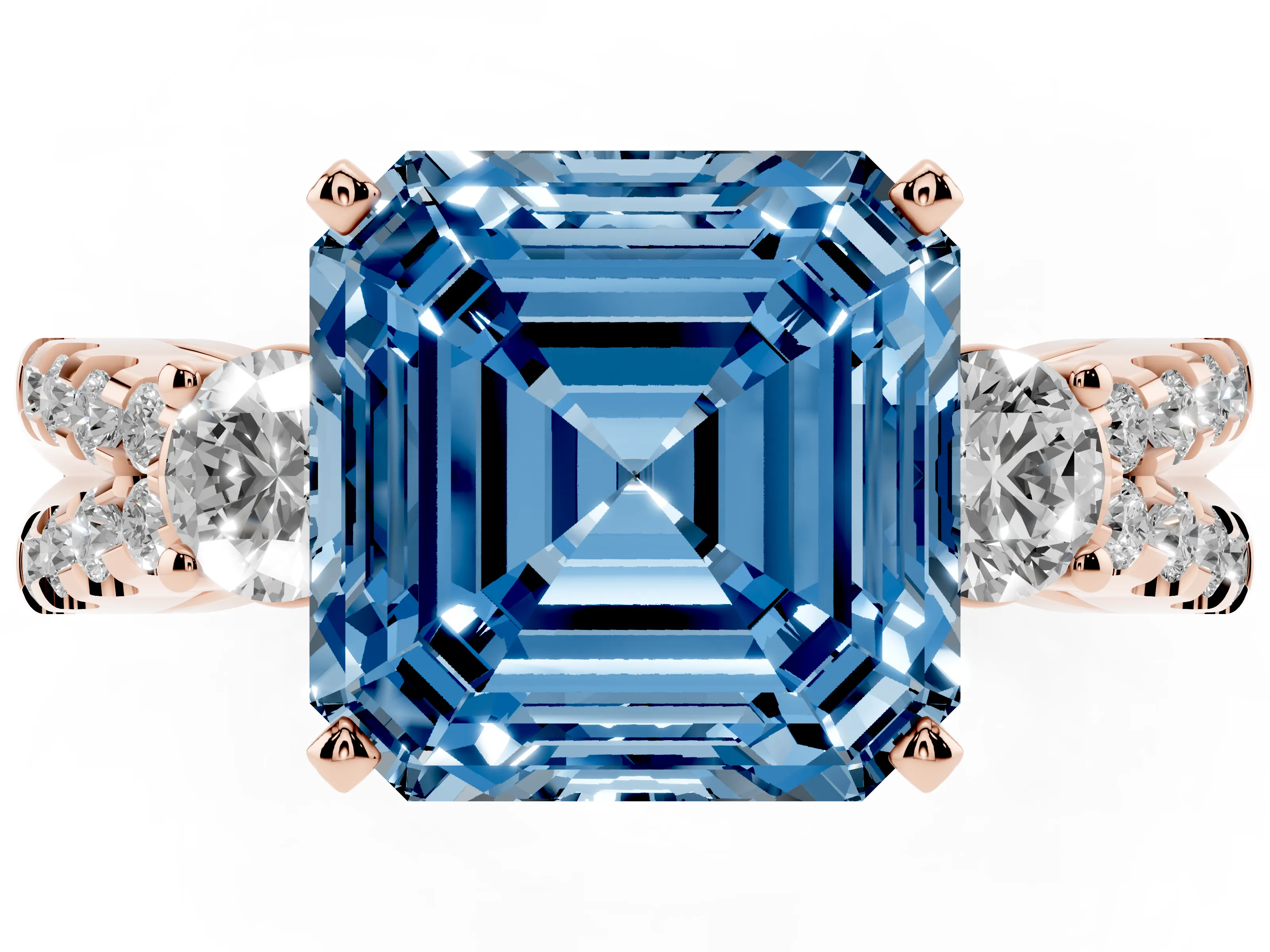 Fancy Blue Asscher Cut Diamond Three-Stone Ring Set in Rose gold with Pavé Split Shank and Prong Setting