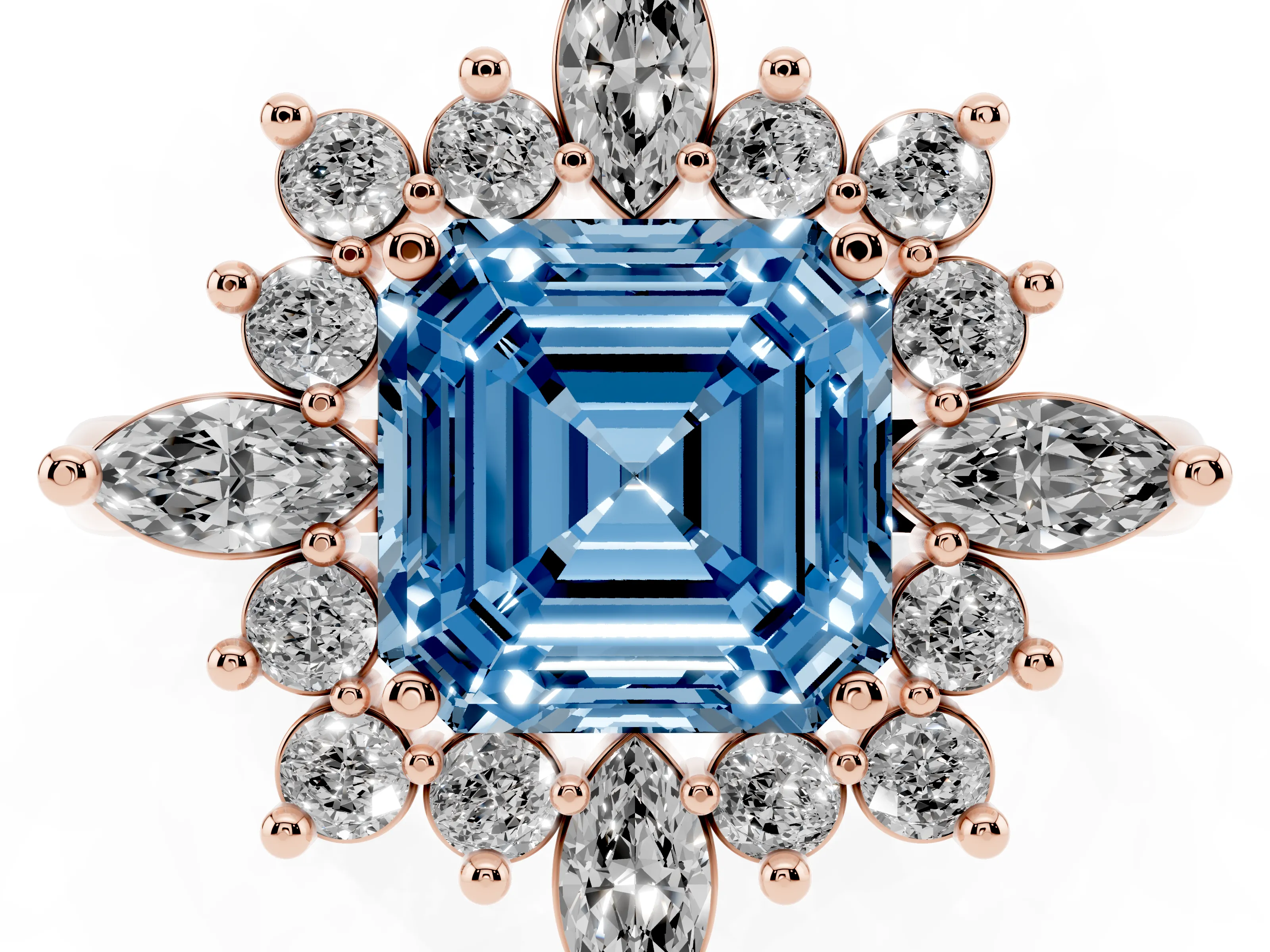 Fancy Blue Asscher Cut Diamond Cluster Halo Ring Set in Rose gold with Marquise and Round Accents