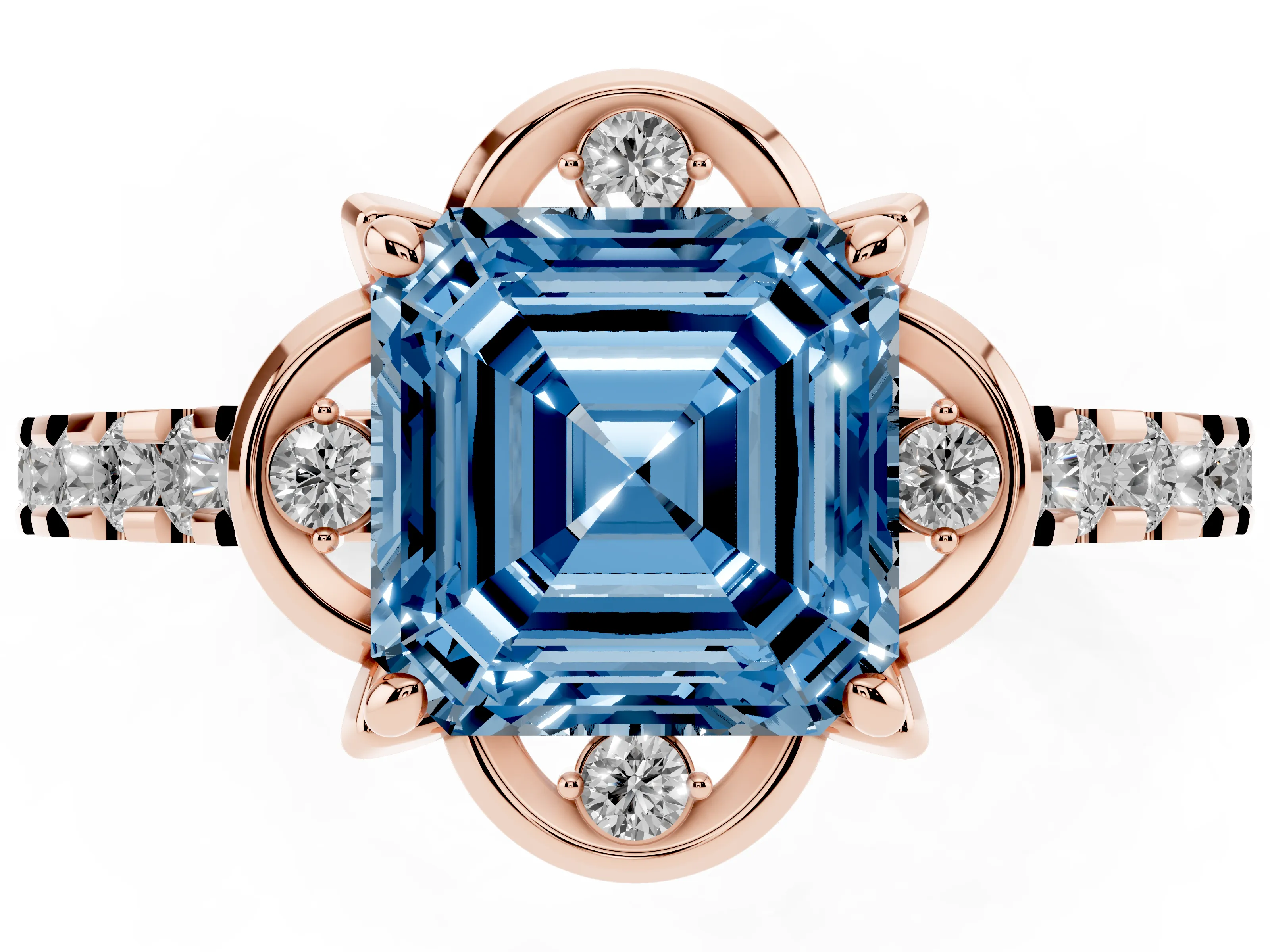Fancy Blue Asscher Cut Diamond Solitaire Ring Set in Rose gold with Pavé Band and Floral Prong Setting