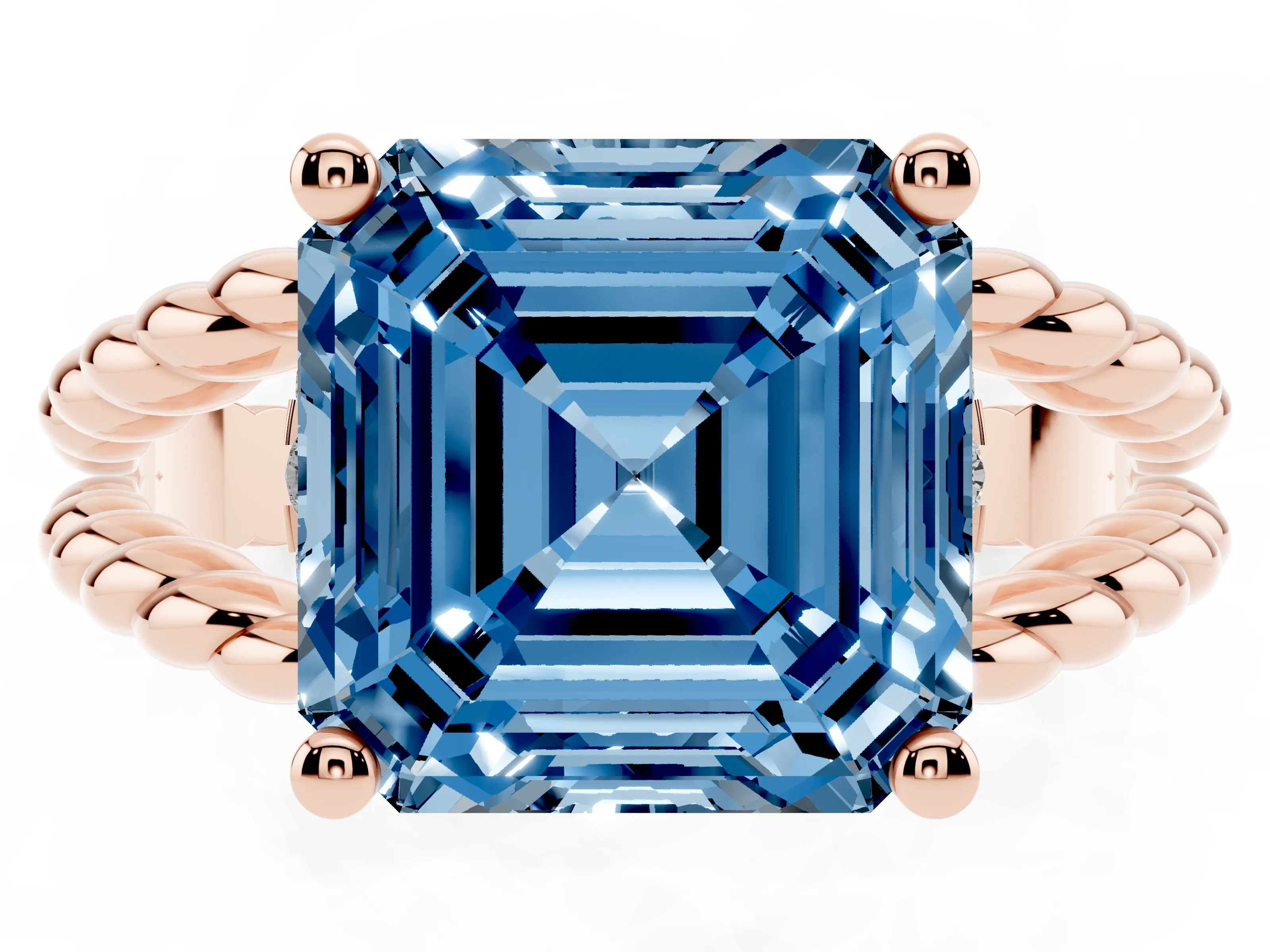Fancy Blue Asscher Cut Diamond Halo Ring Set in Rose gold with Twisted Band and Prong Setting