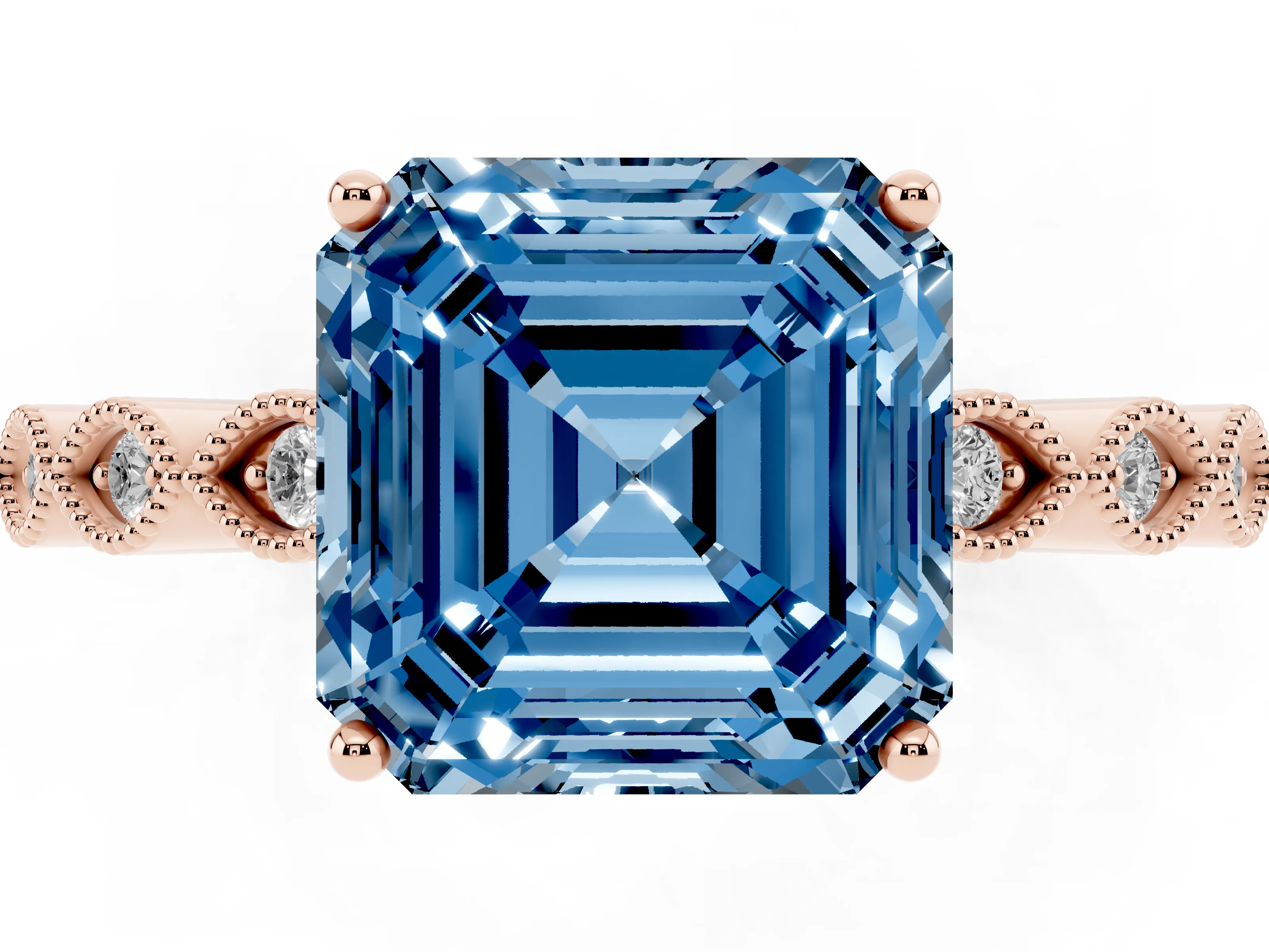 Fancy Blue Asscher Cut Diamond Solitaire Ring Set in Rose gold with Infinity Twist Pavé Band