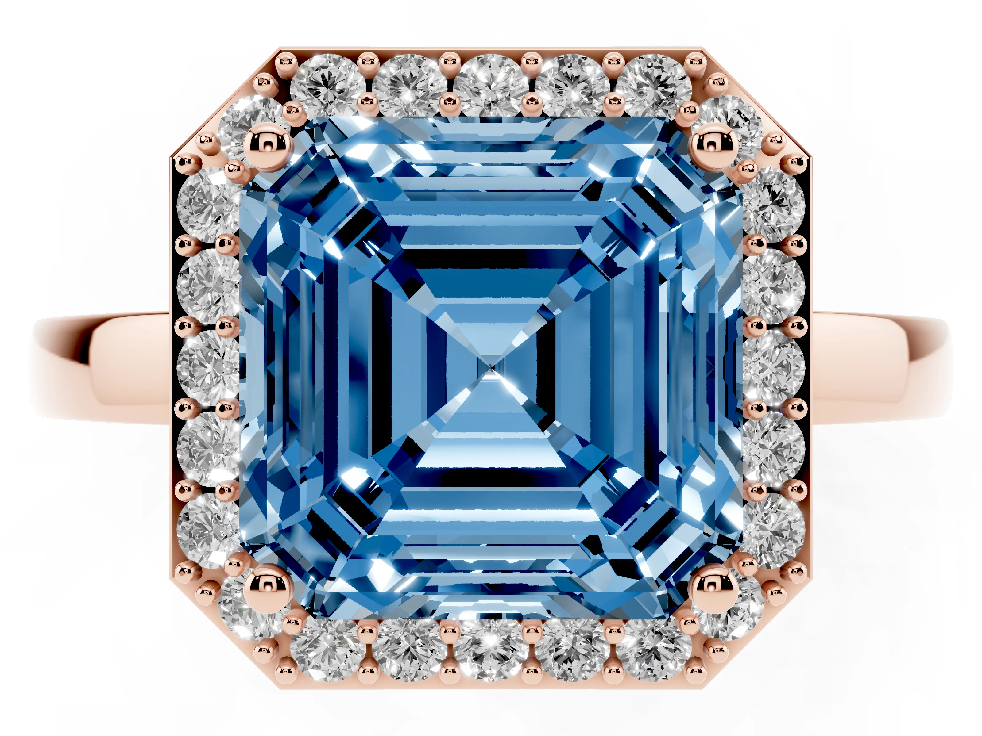 Fancy Blue Asscher Cut Diamond Halo Ring Set in Rose gold with Solitaire Band and Prong Setting