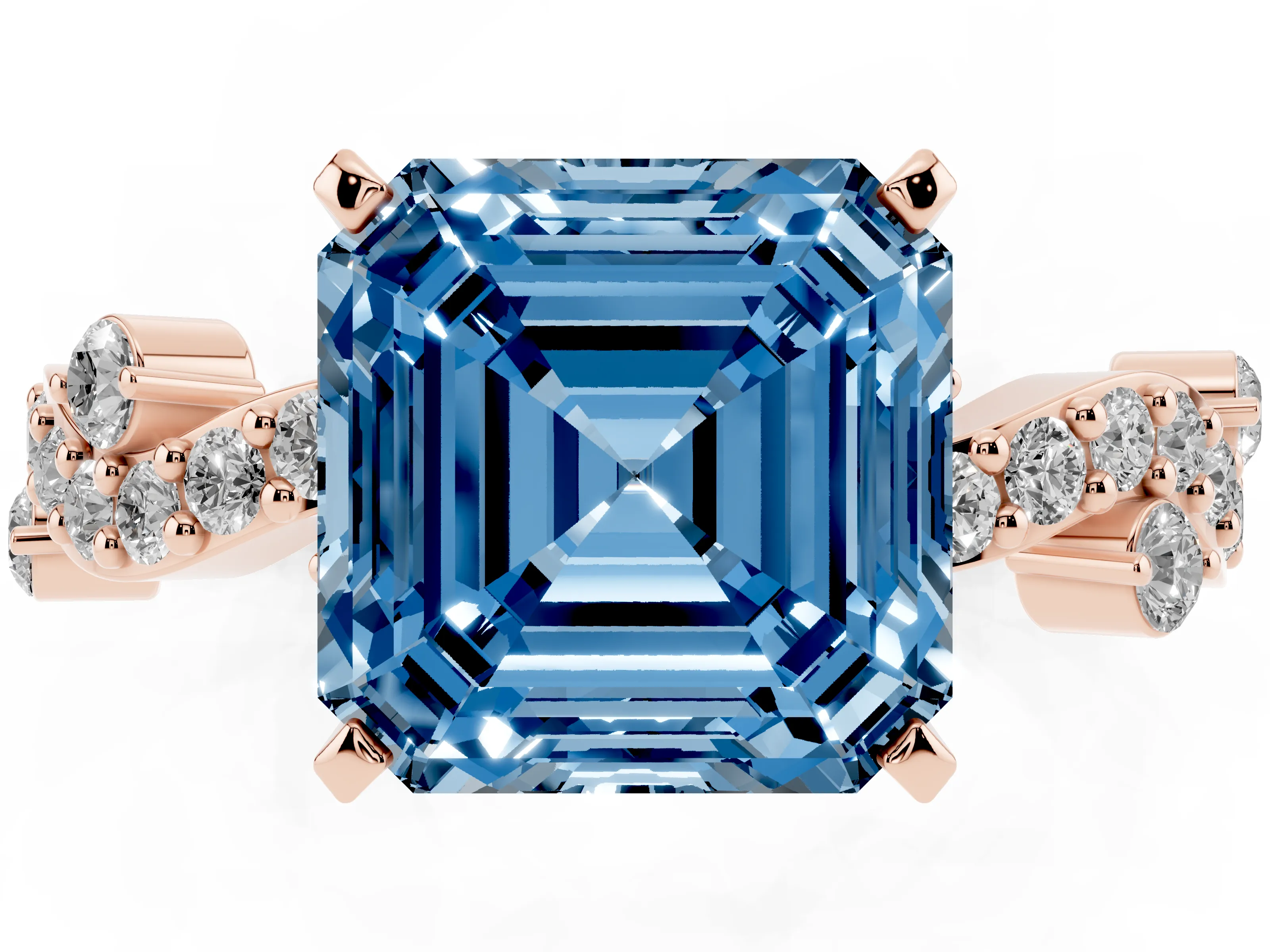 Fancy Blue Asscher Cut Diamond Solitaire Twisted Band Set in Rose gold with Pavé Setting