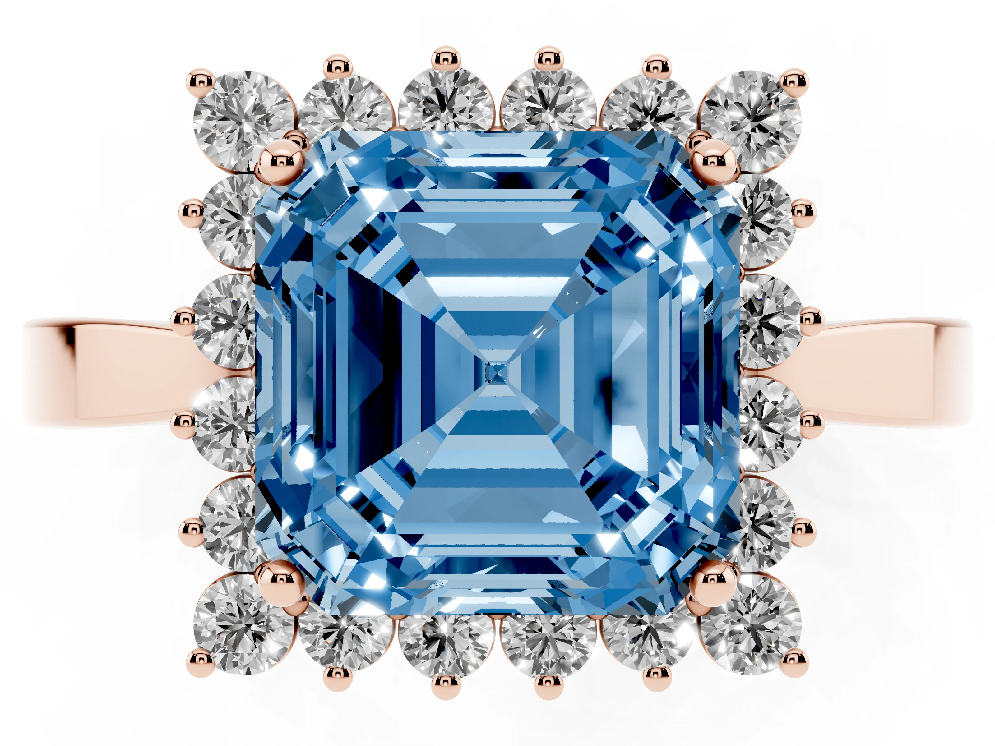 Fancy Blue Asscher Cut Diamond Halo Ring Set in Rose gold with Round Halo and Smooth Solitaire Band