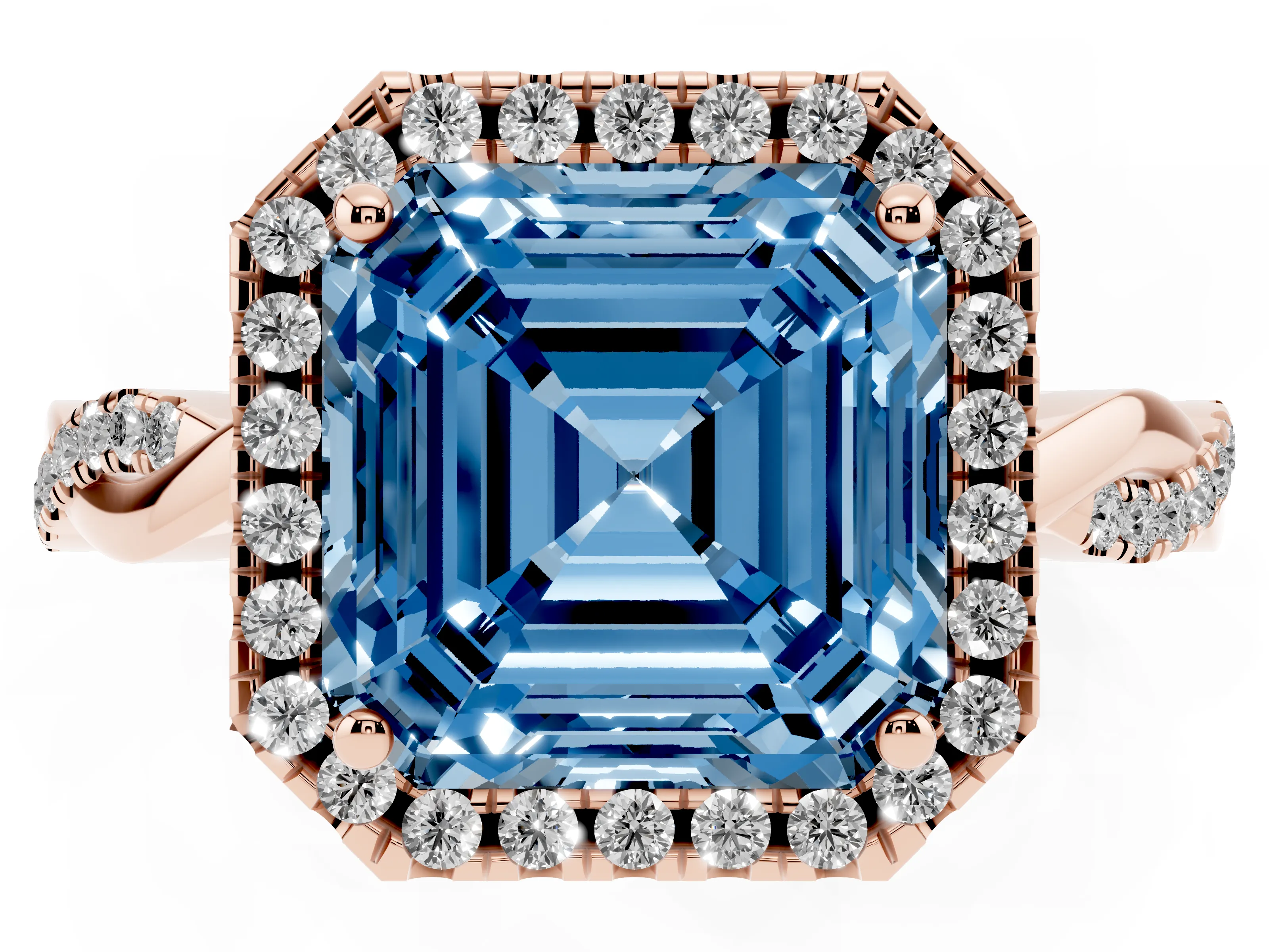 Fancy Blue Asscher Cut Diamond Halo Twisted Band Ring Set in Rose gold with Prong Setting