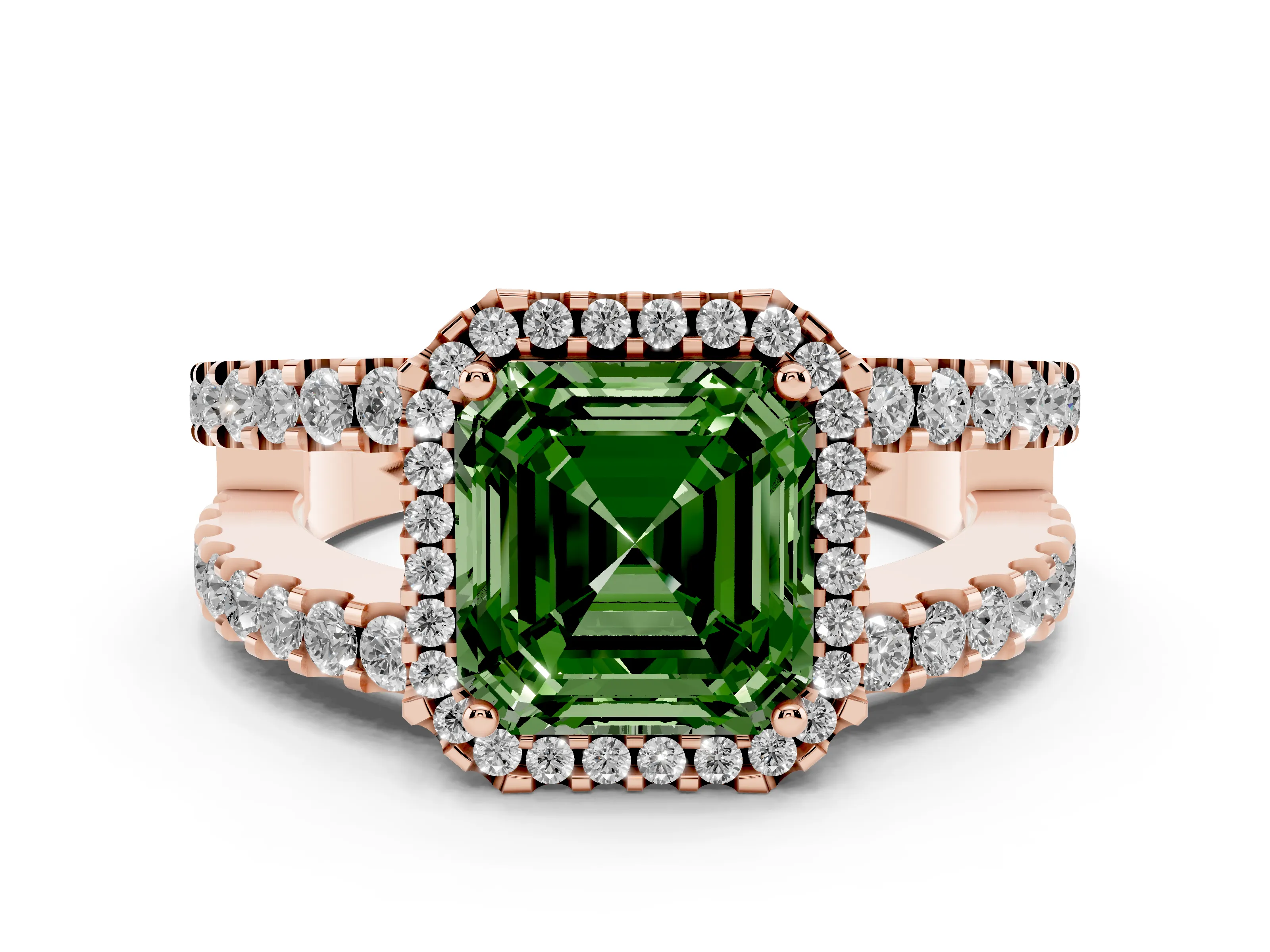 Fancy Green Asscher Cut Diamond Halo Ring Set in Rose gold with Pavé Split Shank and Prong Setting