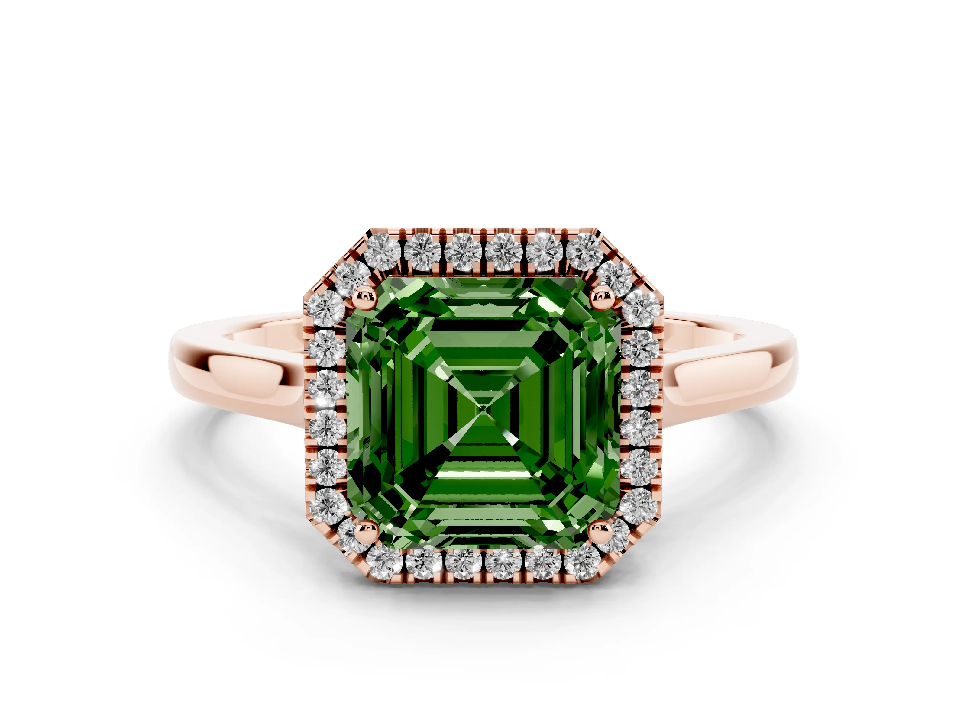 Fancy Green Asscher Cut Halo Round Diamond Solitaire Ring Set in Rose gold with Pavé Band and Prong Setting