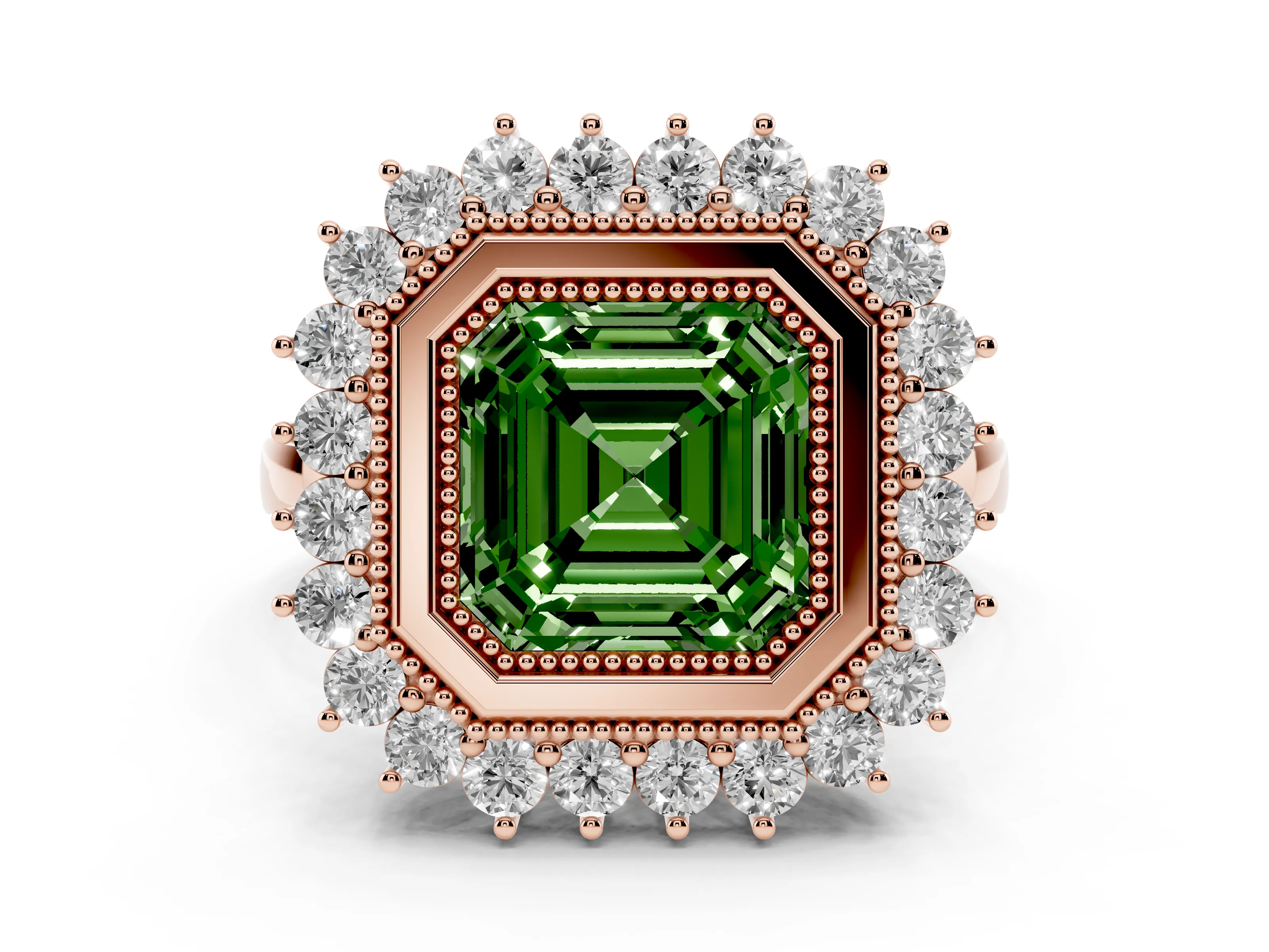 Fancy Green Asscher Cut Diamond Halo Ring Set in Rose gold with Milgrain Edge and Round Prong Setting