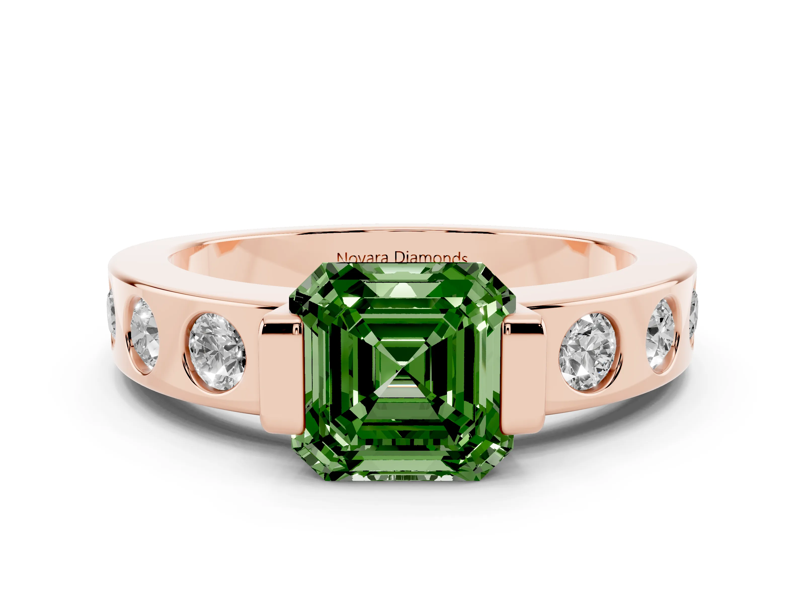 Fancy Green Asscher Cut Diamond Channel-Set Band Ring Set in Rose gold with Bezel Prong Setting