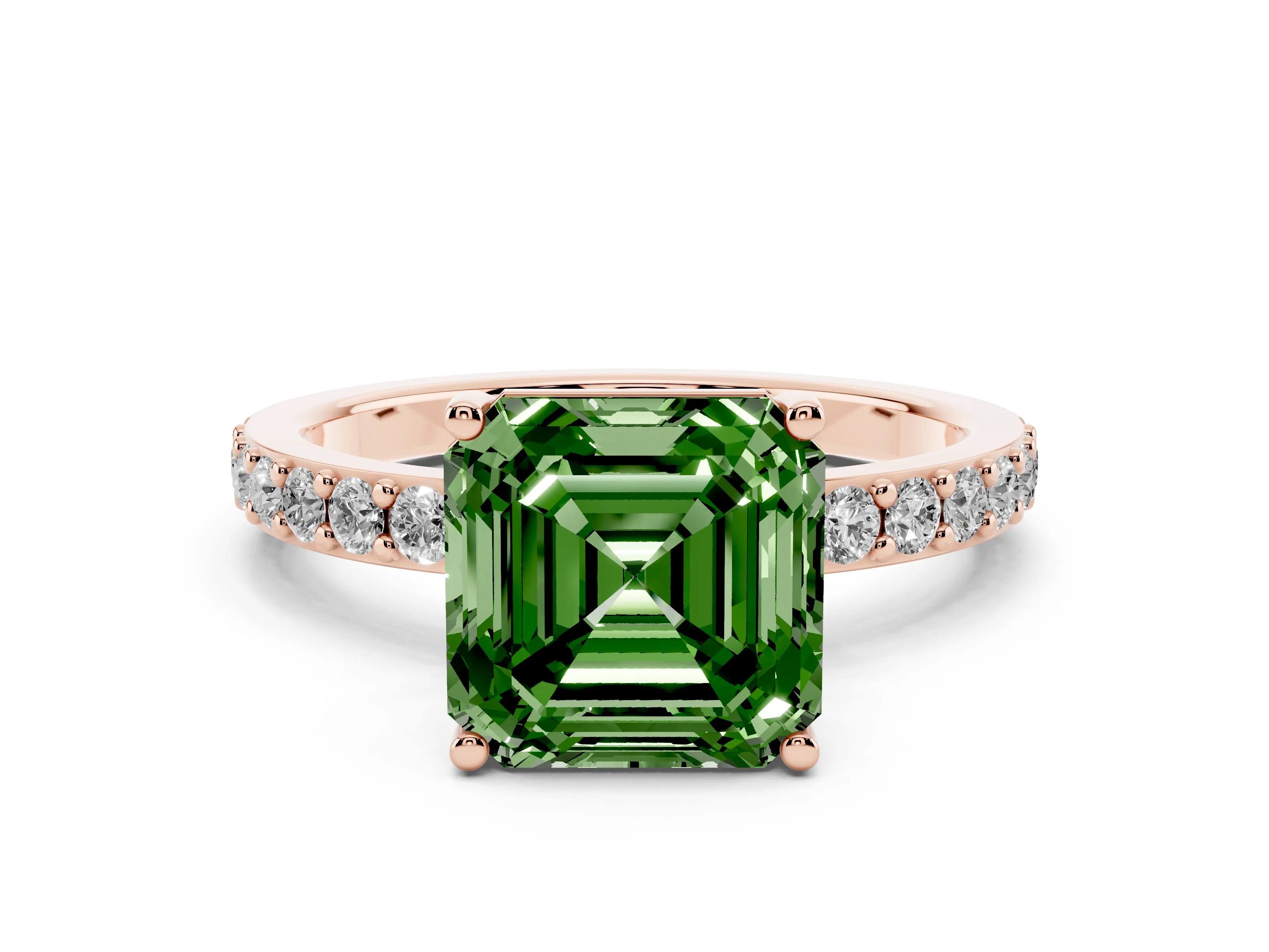 Fancy Green Asscher Cut Diamond Solitaire Set in Rose gold with Round Pavé Band and Prong Setting