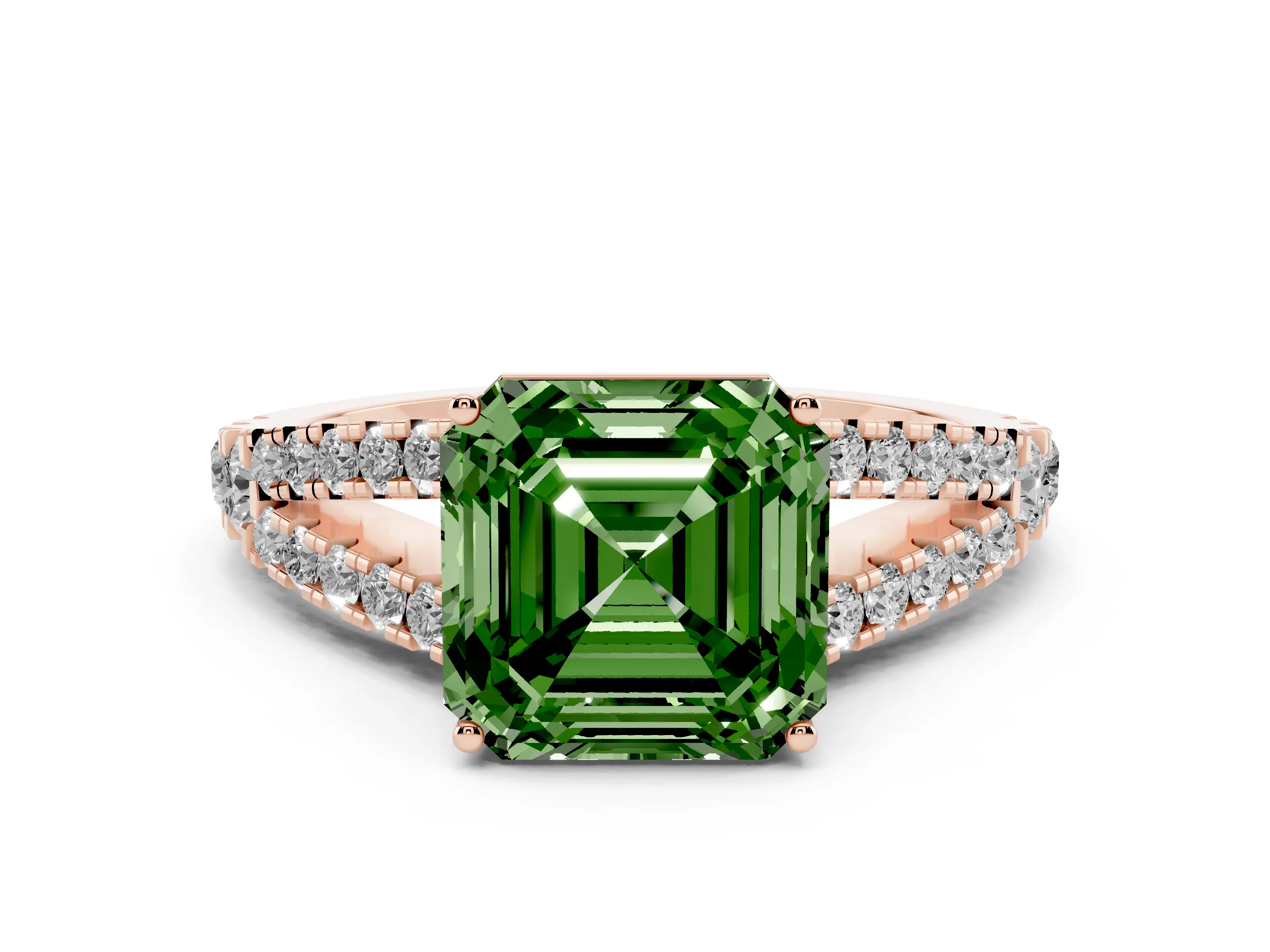 Fancy Green Asscher Cut Diamond Split Shank Pavé Engagement Ring Set in Rose gold with Prong-Held Center Stone