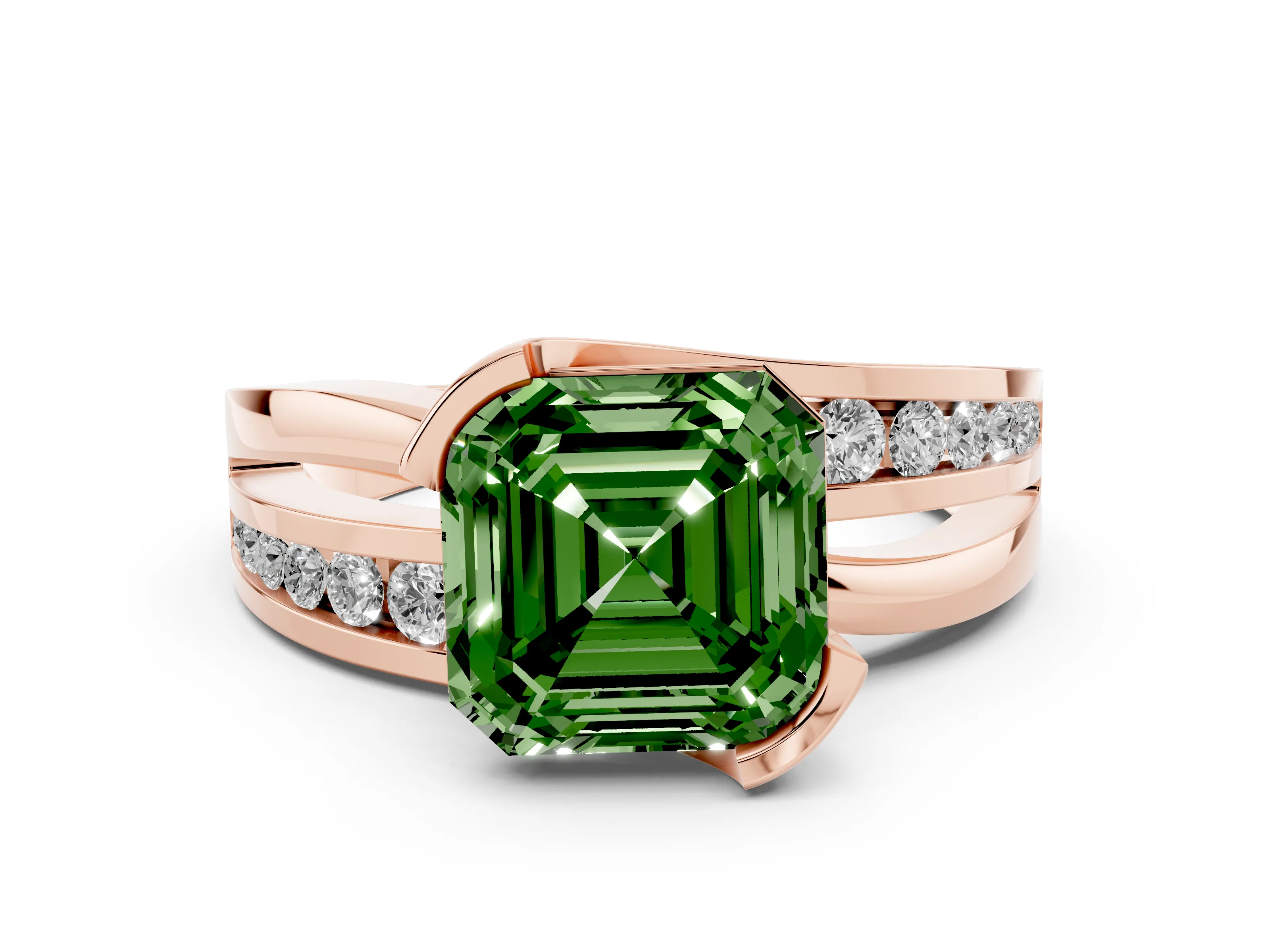 Fancy Green Asscher Cut Diamond Solitaire Ring Set in Rose gold with Channel Set Split Shank and Tension Prongs