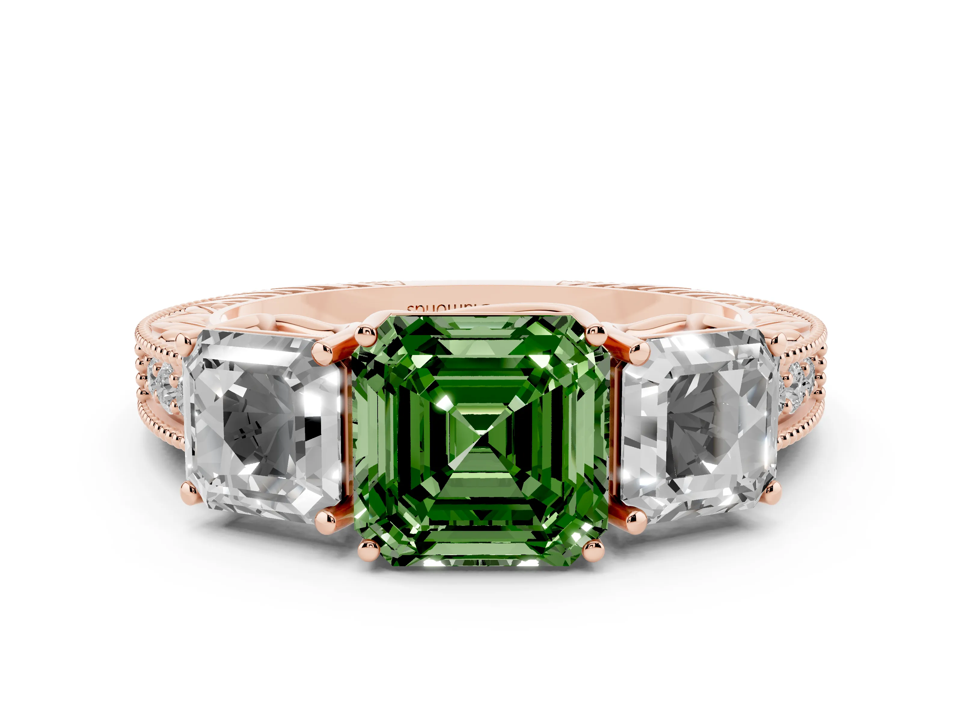 Fancy Green Asscher Cut Diamond Three-Stone Engagement Ring Set in Rose gold with Milgrain Pavé Band
