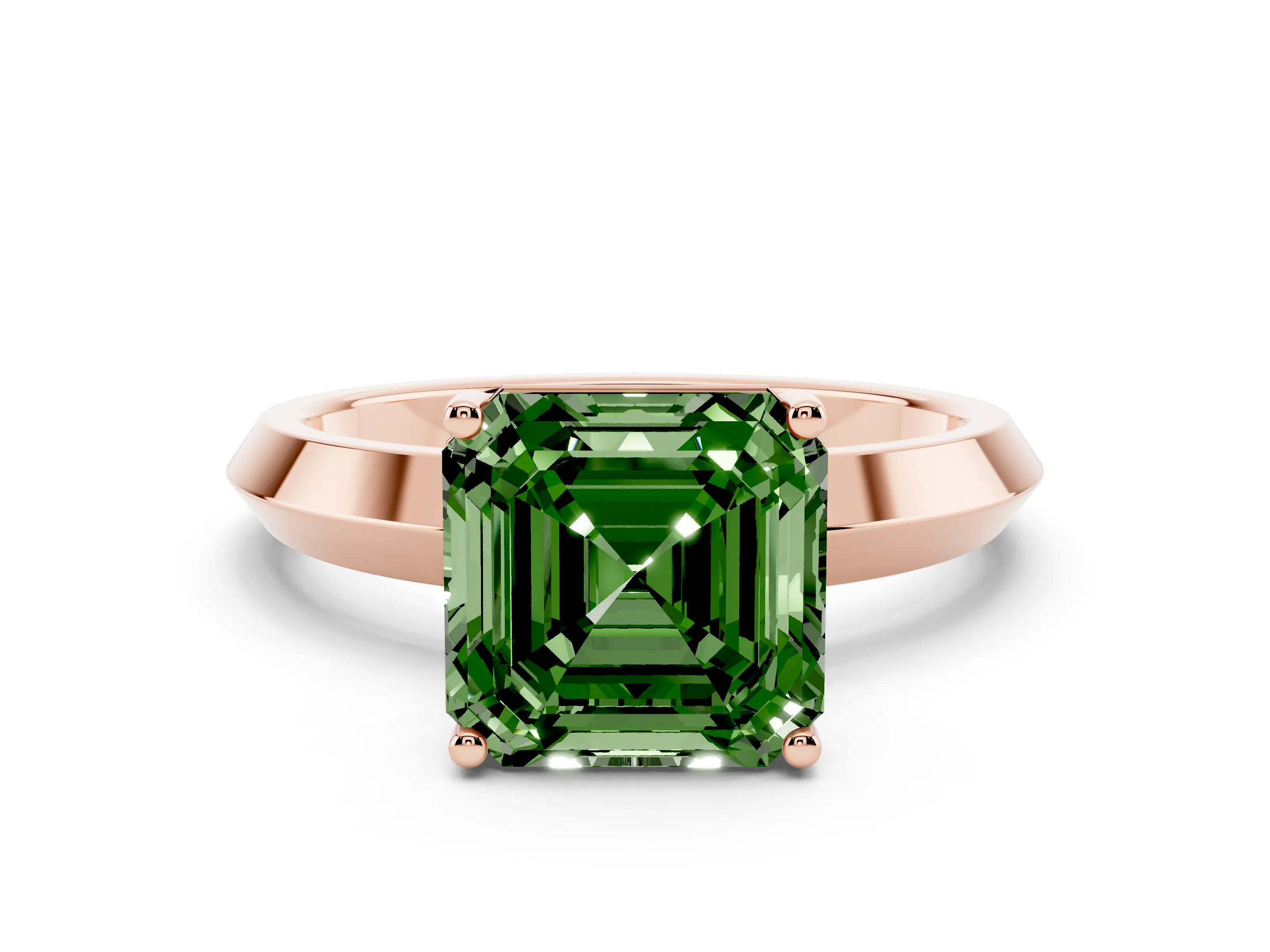 Fancy Green Asscher Cut Diamond Solitaire Engagement Ring Set in Rose gold with Flat Band and Prong Setting