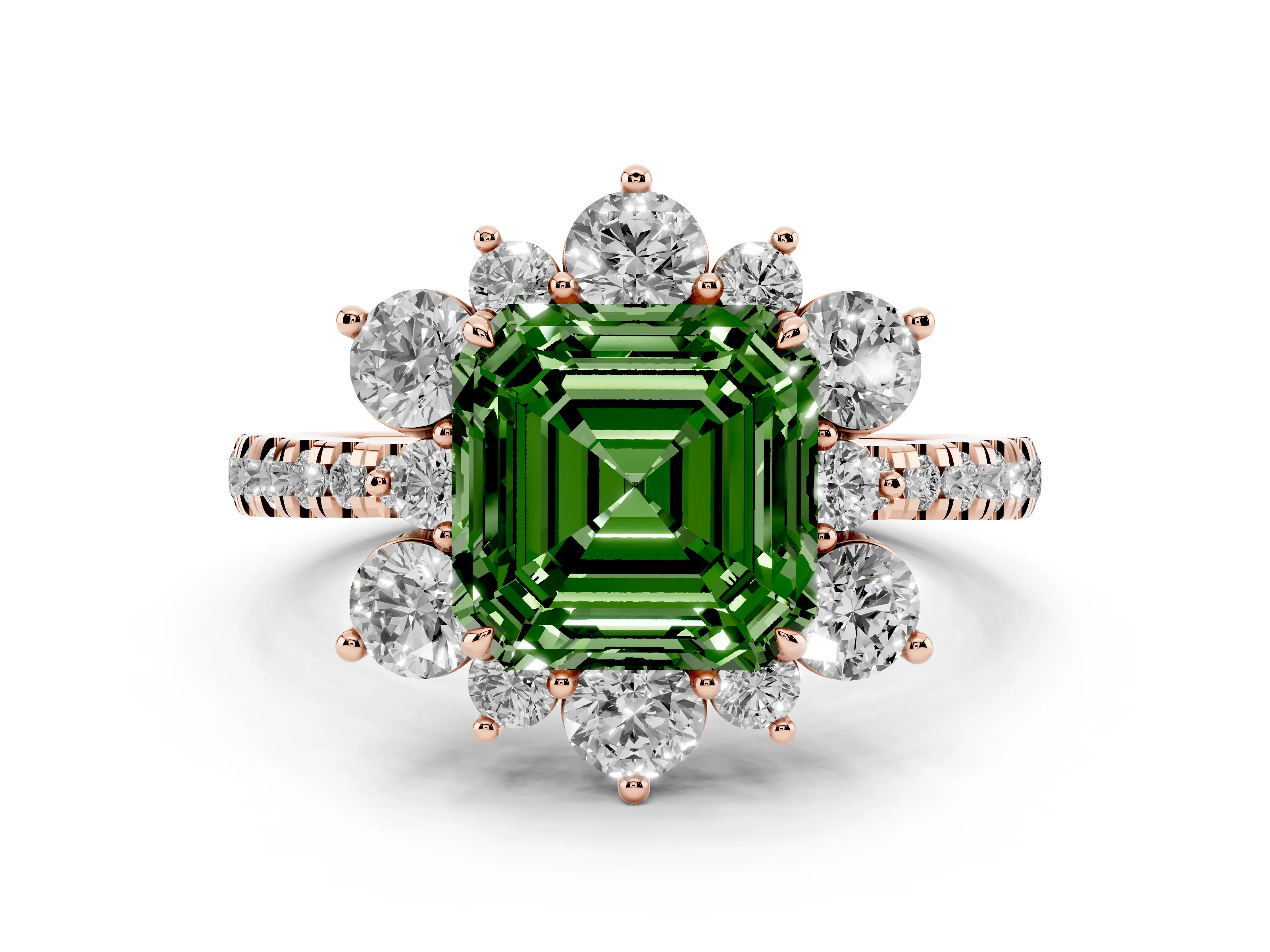 Fancy Green Asscher Cut Diamond Floral Halo Ring Set in Rose gold with Round Pavé Band and Prong Setting
