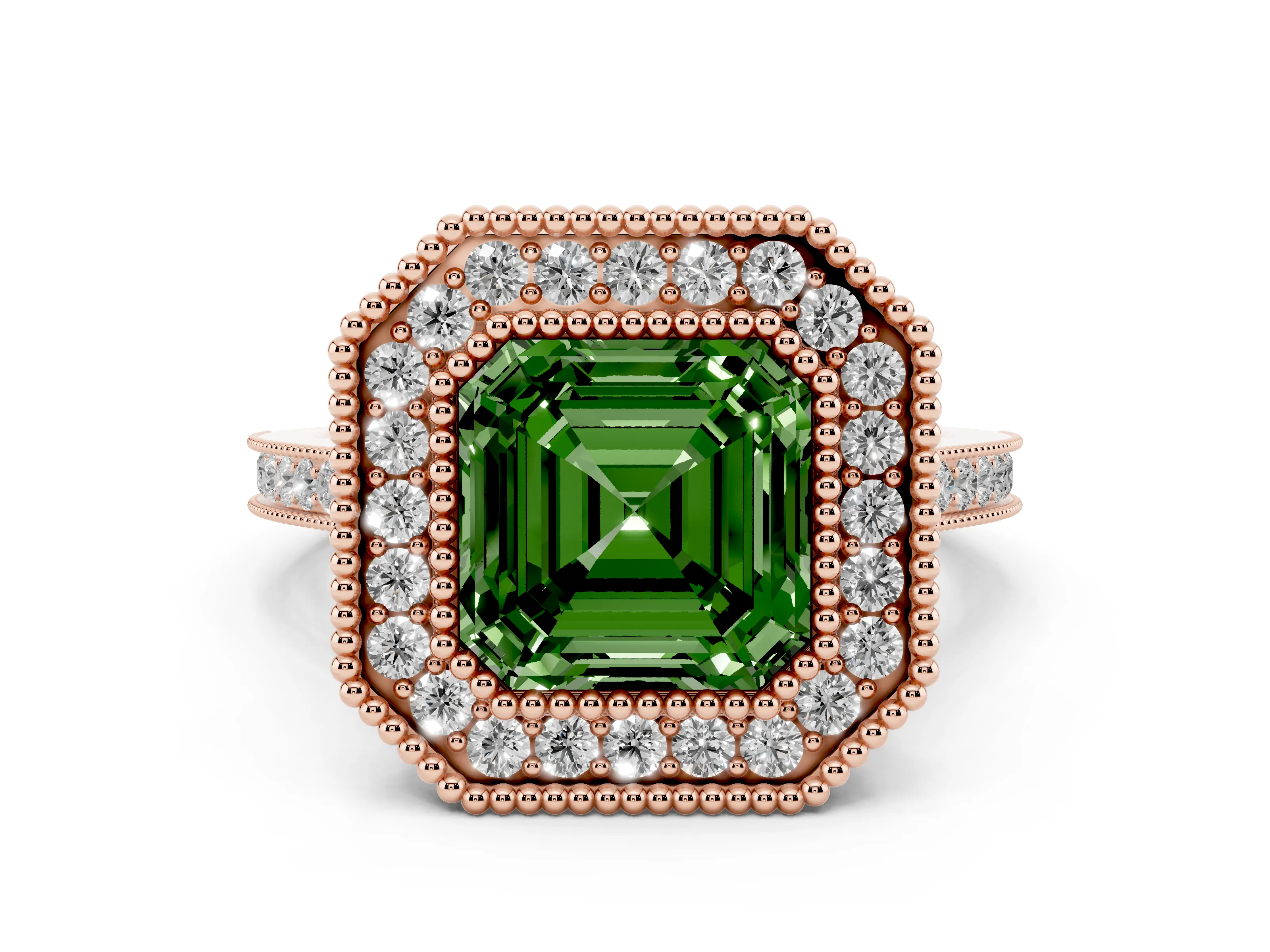 Fancy Green Asscher Cut Diamond Halo Ring Set in Rose gold with Milgrain Frame and Pavé Band