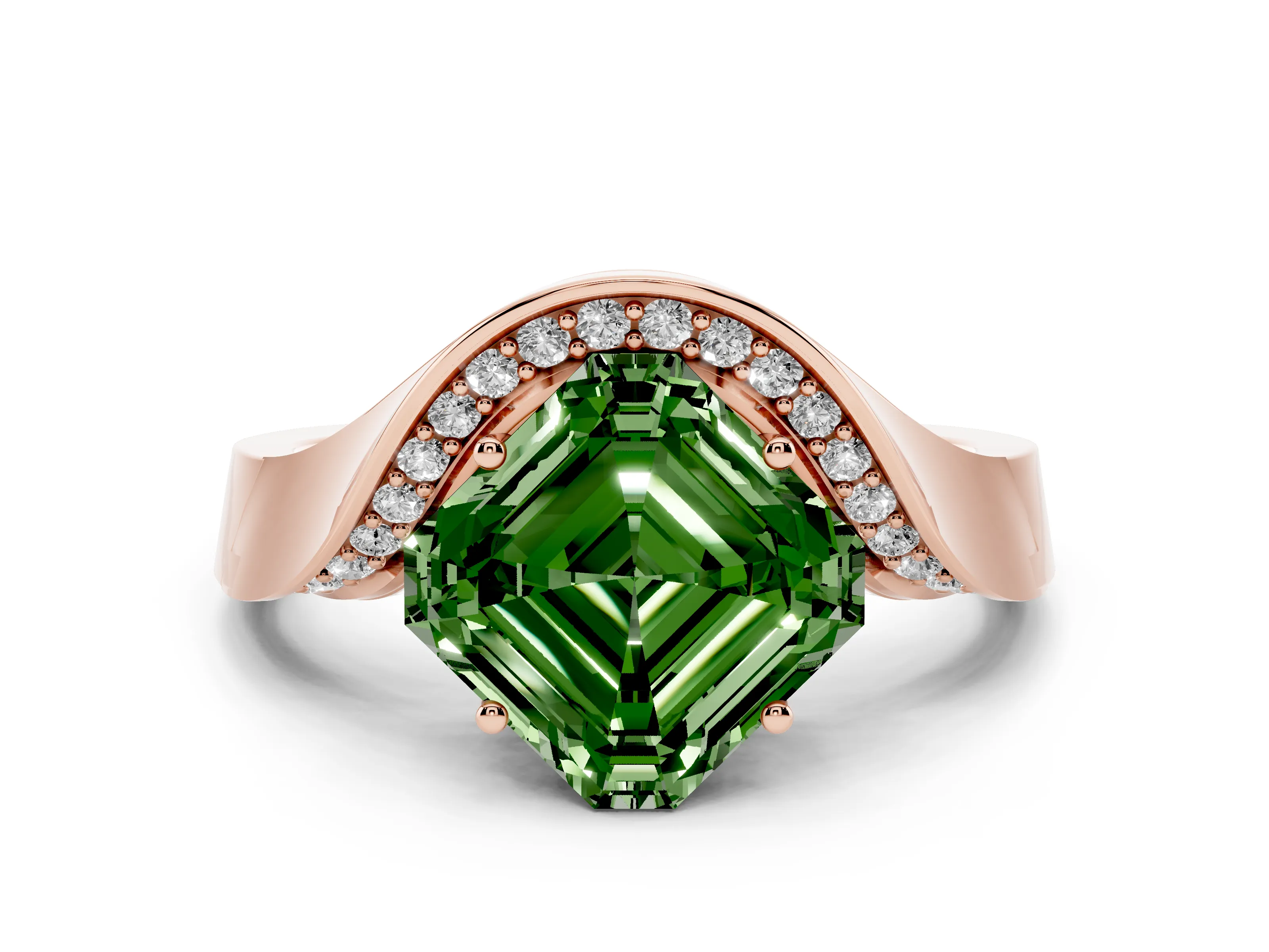 Fancy Green Asscher Cut Diamond Solitaire Engagement Ring Set in Rose gold with Pavé Shoulders