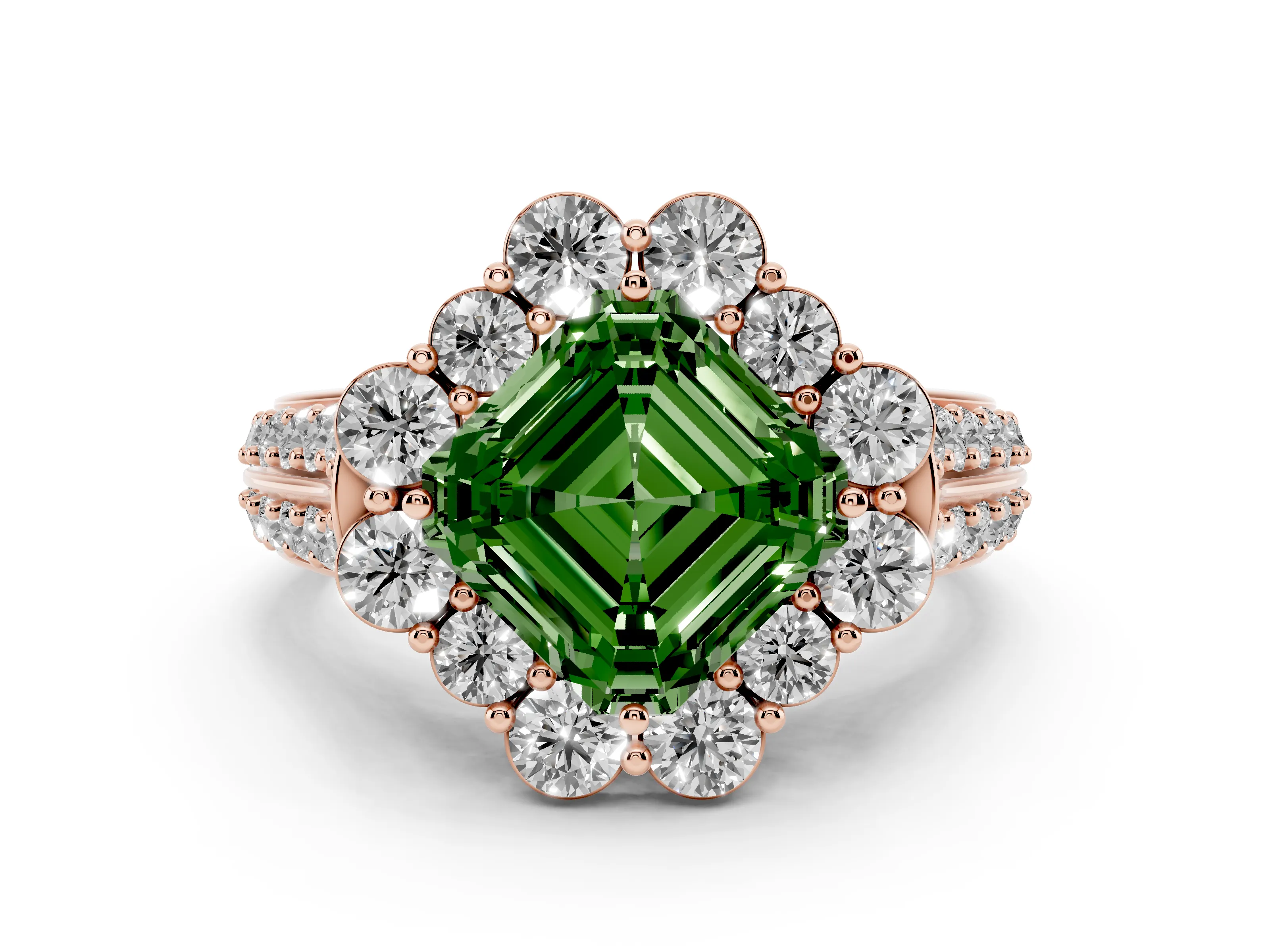 Fancy Green Asscher Cut Diamond Halo Engagement Ring Set in Rose gold with Split Shank and Prong Setting