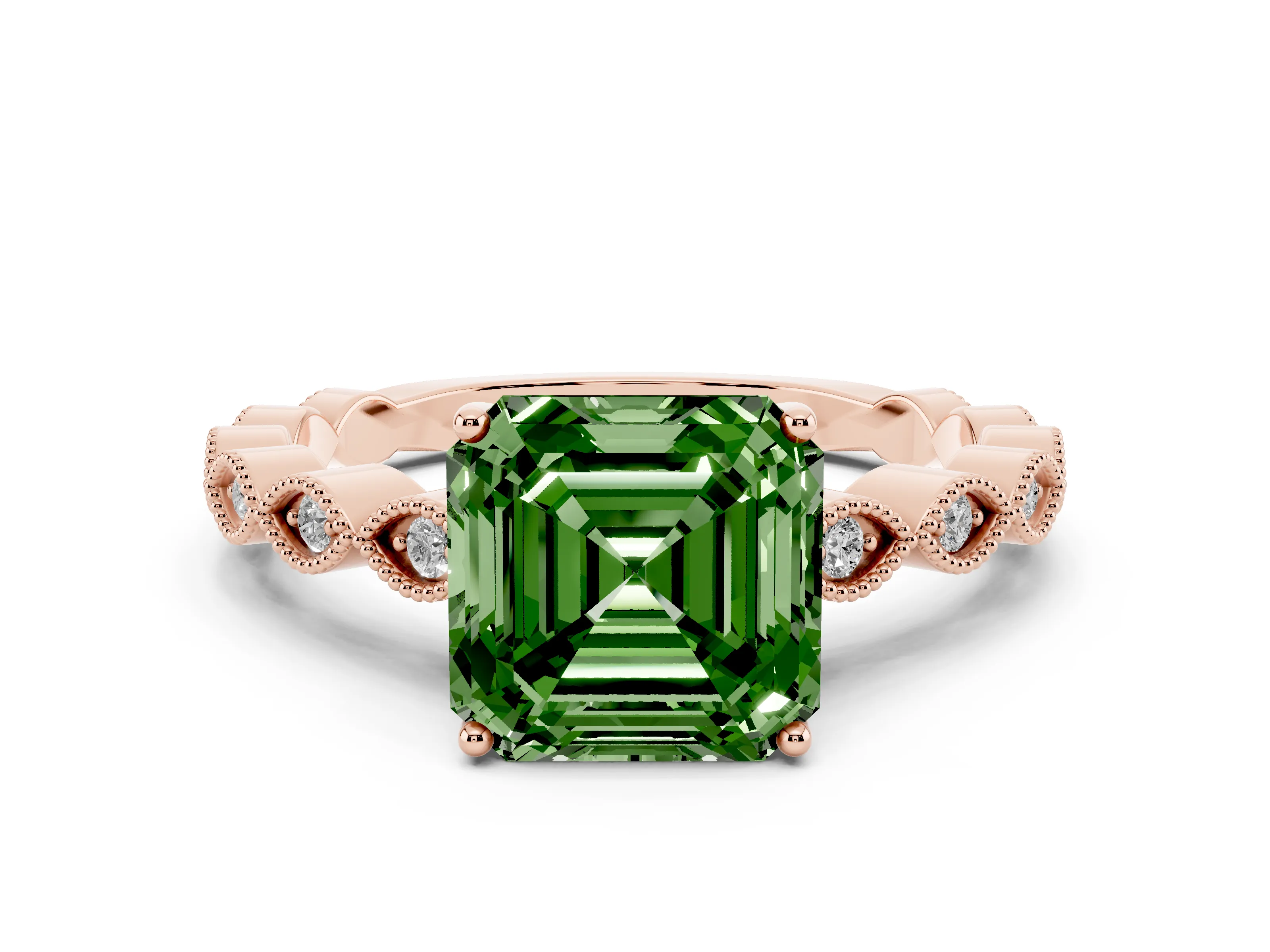 Fancy Green Asscher Cut Diamond Solitaire Ring Set in Rose gold with Infinity Twist Pavé Band