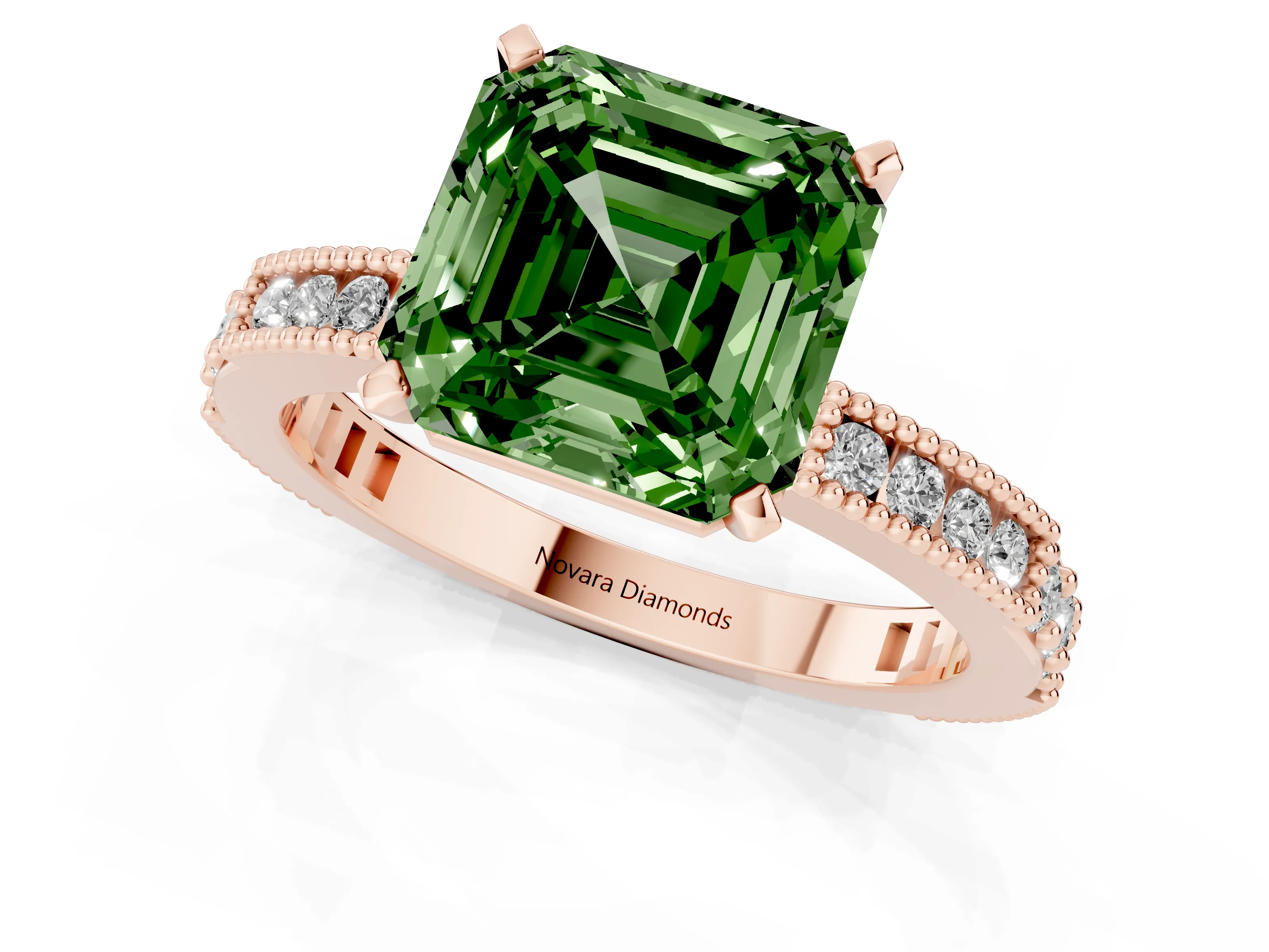 Fancy Green Asscher Cut Diamond Solitaire Ring Set in Rose gold with Slim Pavé Band and Prong Setting