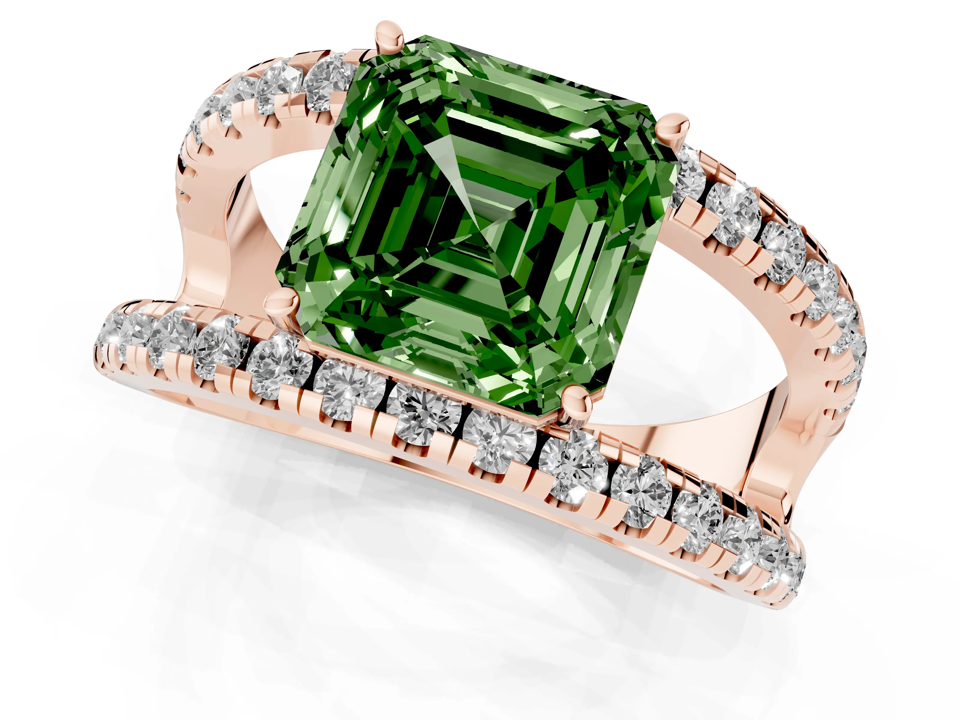 Fancy Green Asscher Cut Diamond Split Shank Pavé Solitaire Ring Set in Rose gold with Open Shank Design