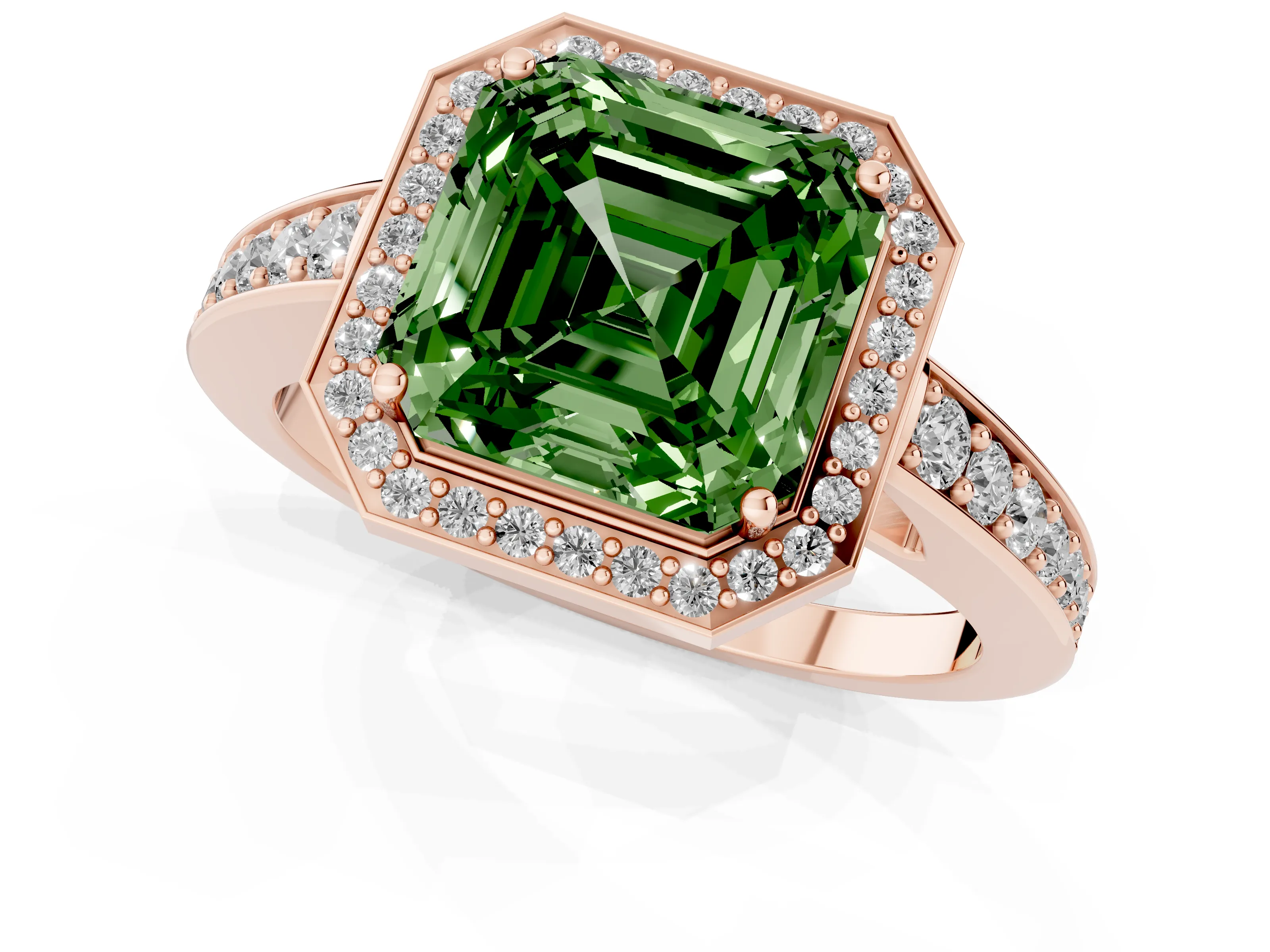 Fancy Green Asscher Cut Diamond Halo Pavé Engagement Ring Set in Rose gold with Bezel Setting