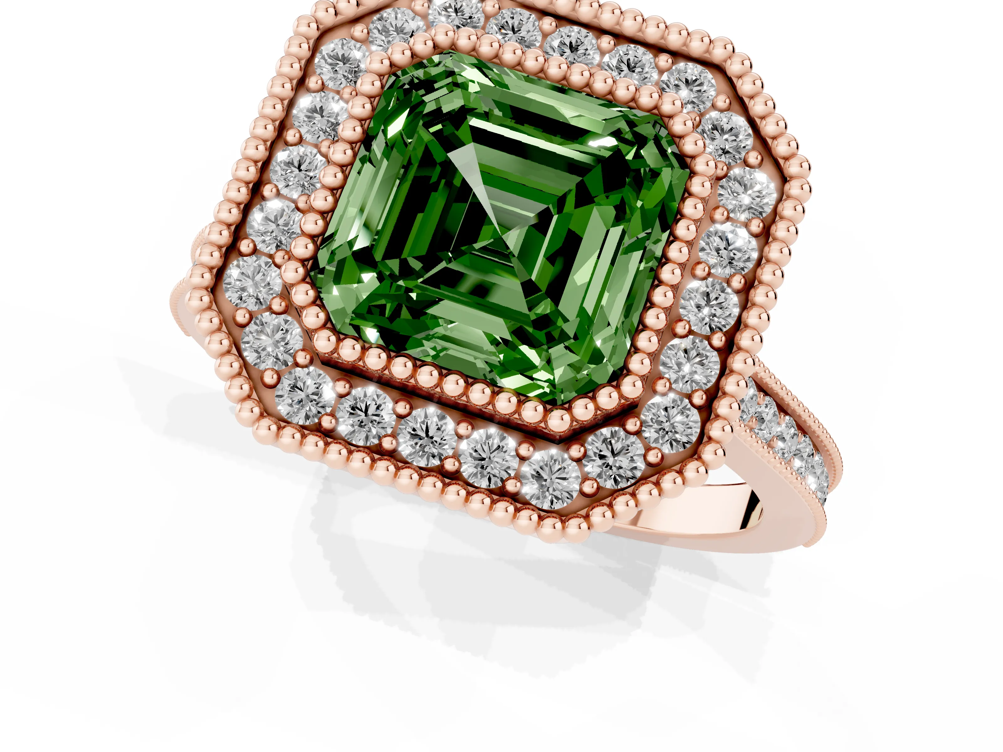 Fancy Green Asscher Cut Diamond Halo Ring Set in Rose gold with Milgrain Frame and Pavé Band