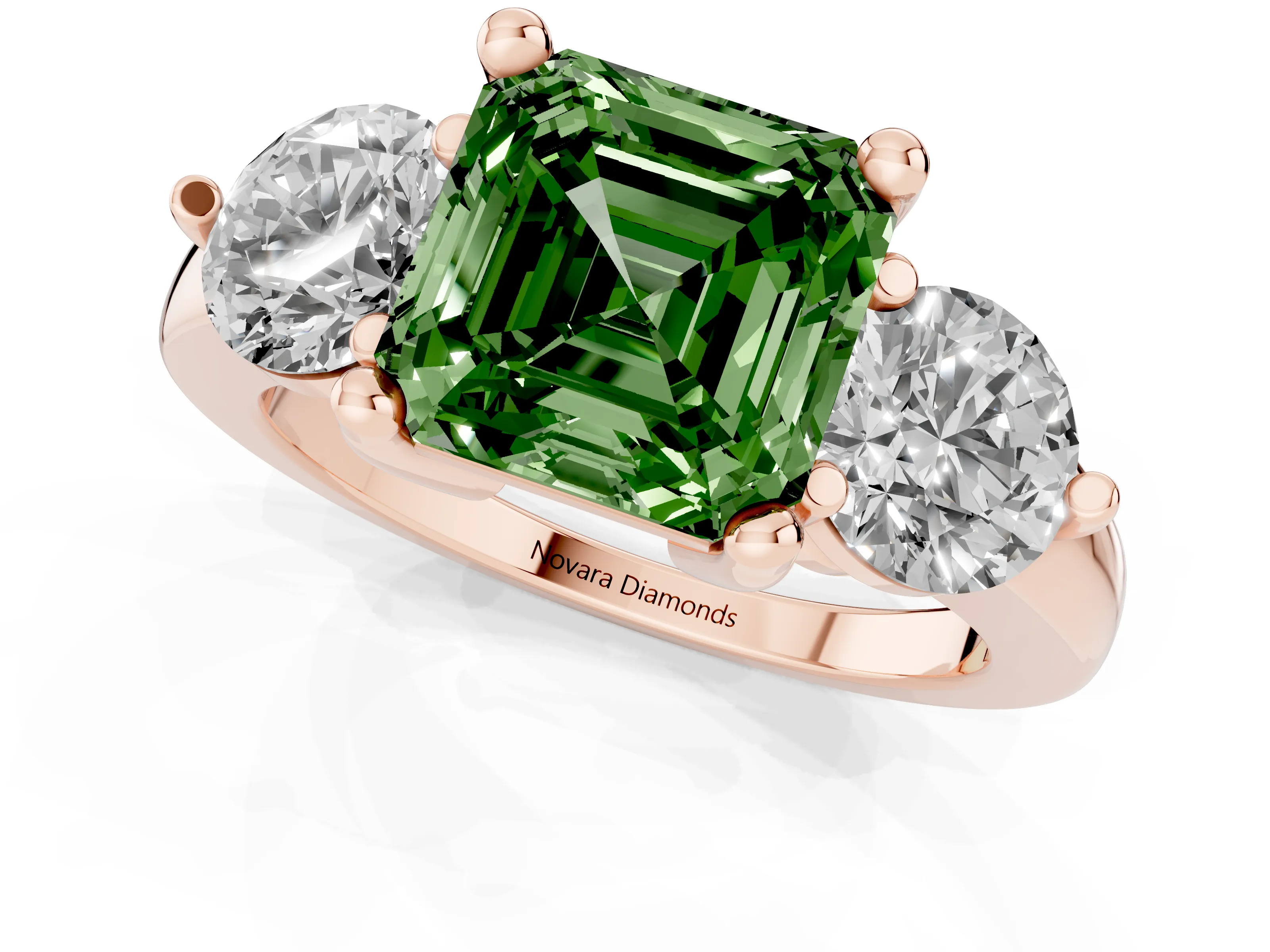 Fancy Green Asscher Cut Diamond Three-Stone Ring Set in Rose gold with Prong Setting and Classic Band